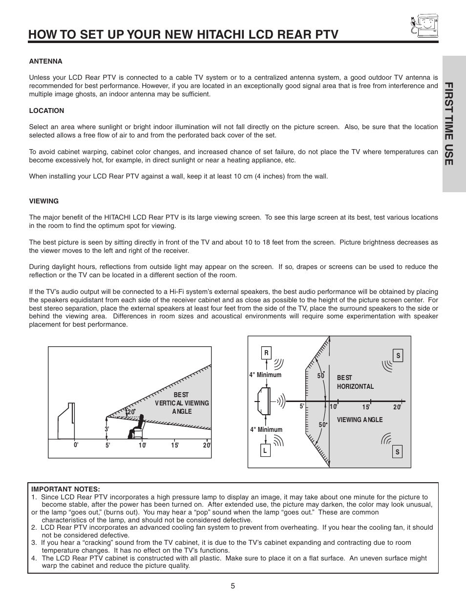 How to set up your new hitachi lcd rear ptv, First time use | Hitachi 60VS810A User Manual | Page 5 / 84