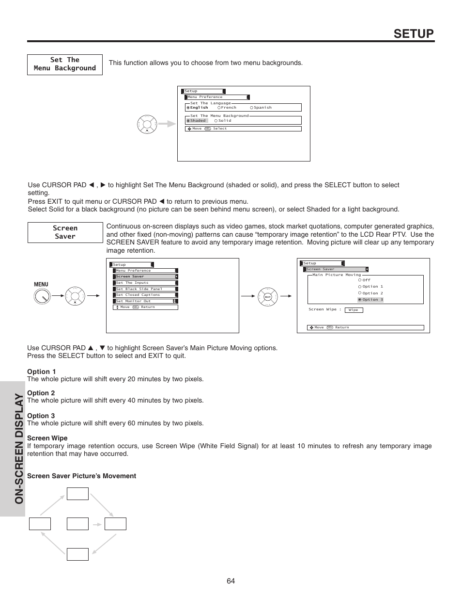 Setup, On-screen displa y | Hitachi 60VS810A User Manual | Page 64 / 84