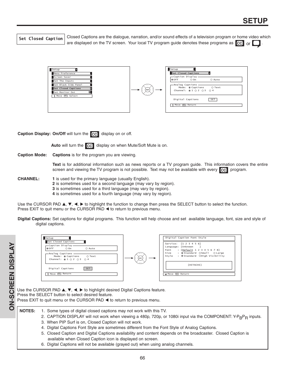 Setup, On-screen displa y, Set closed caption | Hitachi 60VS810A User Manual | Page 66 / 84