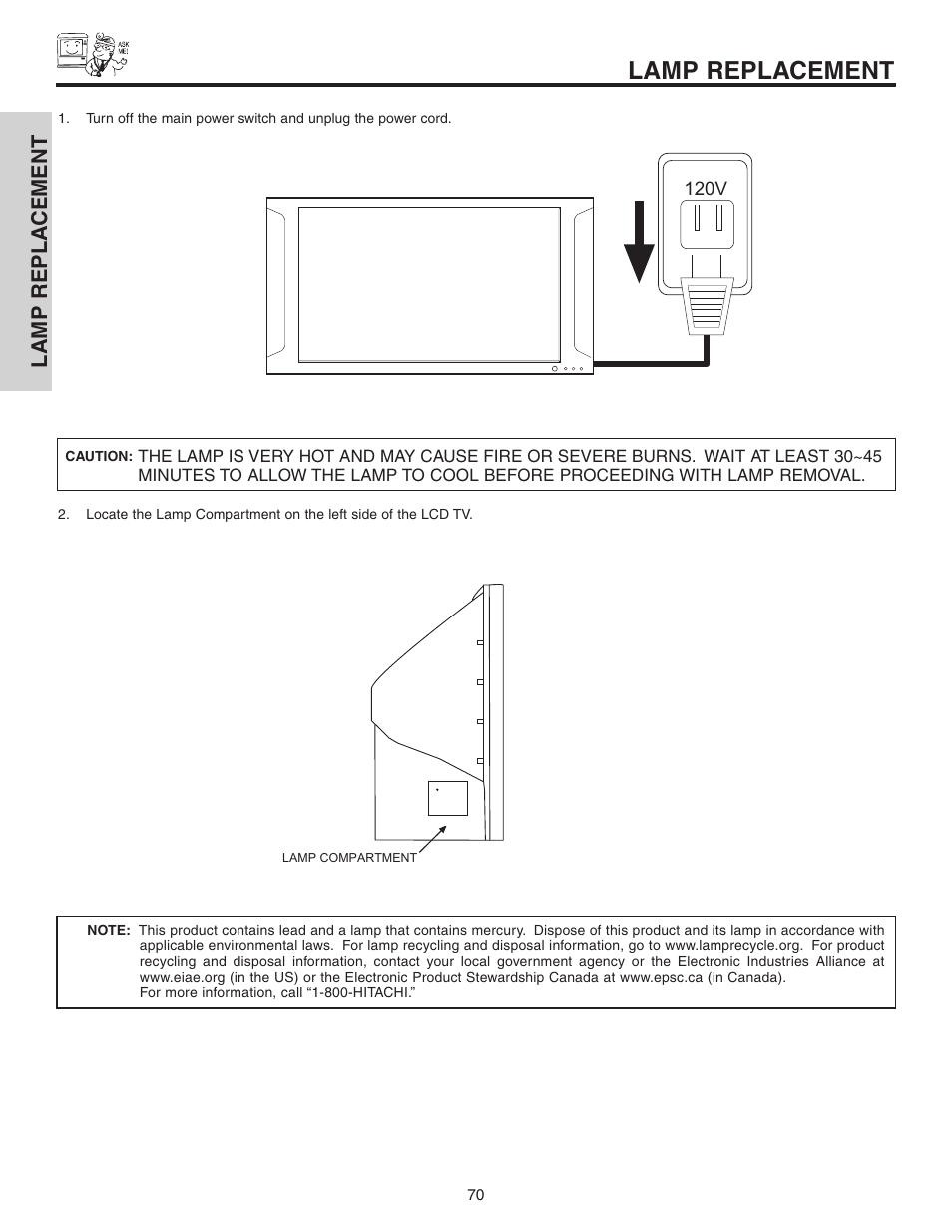 Lamp replacement, Lamp repla cement | Hitachi 60VS810A User Manual | Page 70 / 84