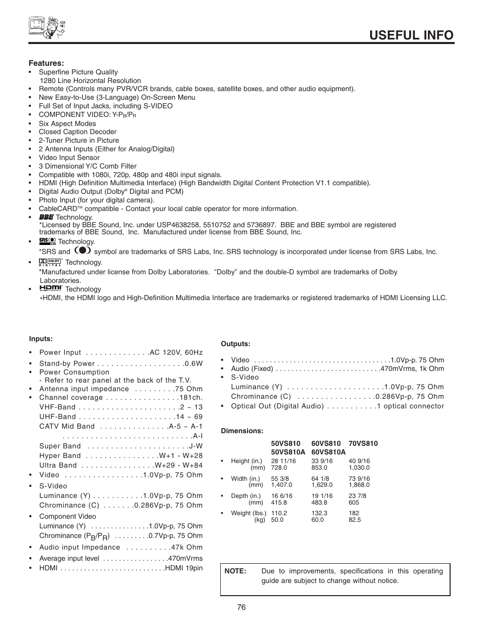 Useful info | Hitachi 60VS810A User Manual | Page 76 / 84