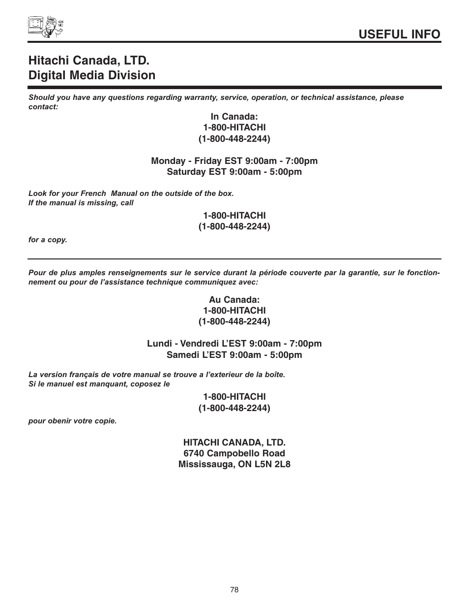 Useful info, Hitachi canada, ltd. digital media division | Hitachi 60VS810A User Manual | Page 78 / 84