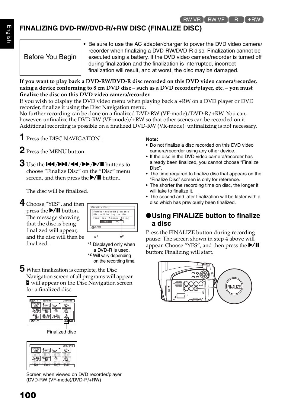 Finalizing dvd-rw/dvd-r/+rw disc (finalize disc), Using finalize button to finalize a disc, Before you begin | English, Press the disc navigation, Press the menu button | Hitachi DZ-GX5020A User Manual | Page 100 / 158