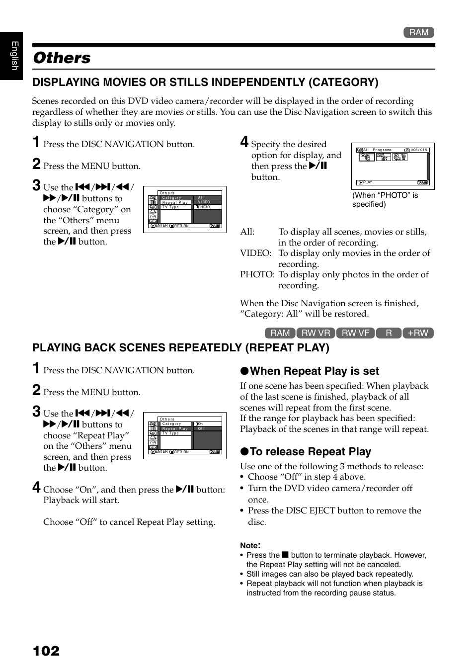 Others, Playing back scenes repeatedly (repeat play), When repeat play is set | Hitachi DZ-GX5020A User Manual | Page 102 / 158