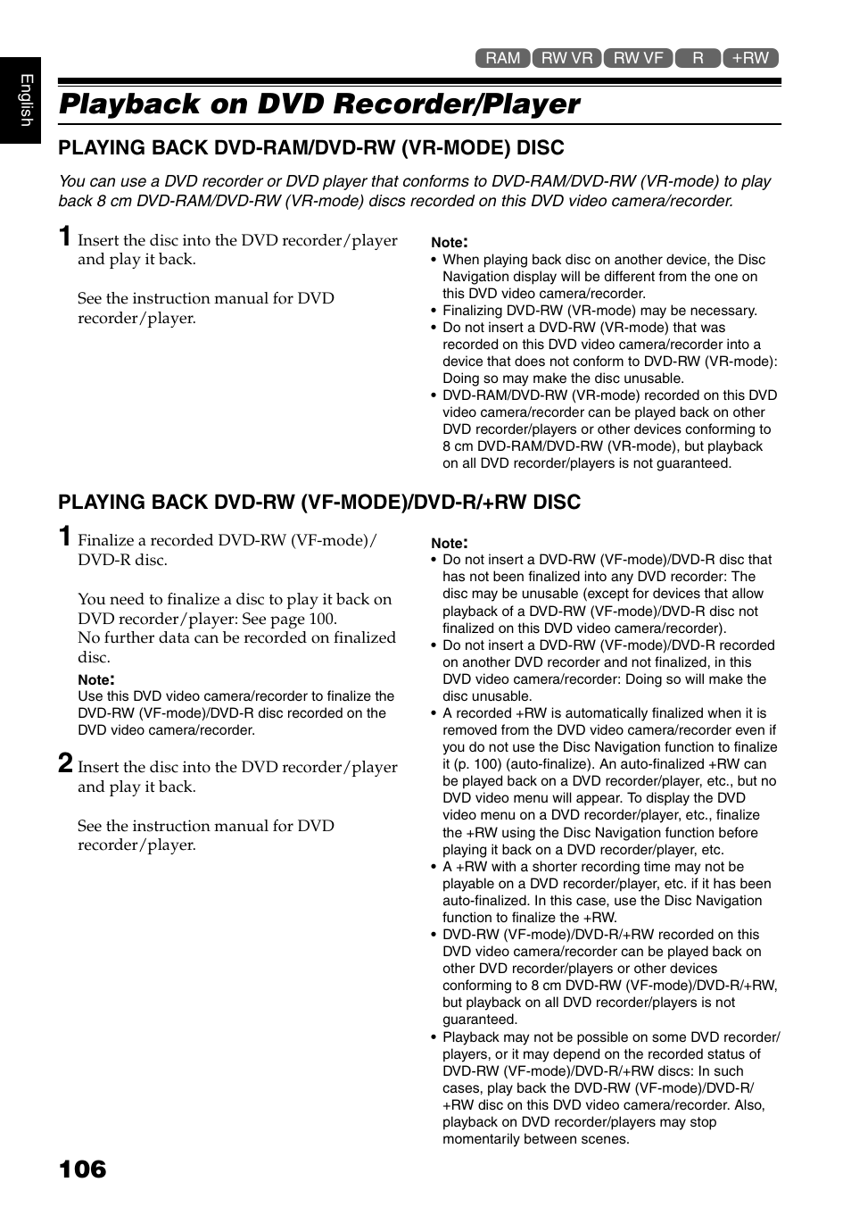 Playback on dvd recorder/player, Playing back dvd-ram/dvd-rw (vr-mode) disc, Playing back dvd-rw (vf-mode)/dvd-r/+rw disc | Hitachi DZ-GX5020A User Manual | Page 106 / 158