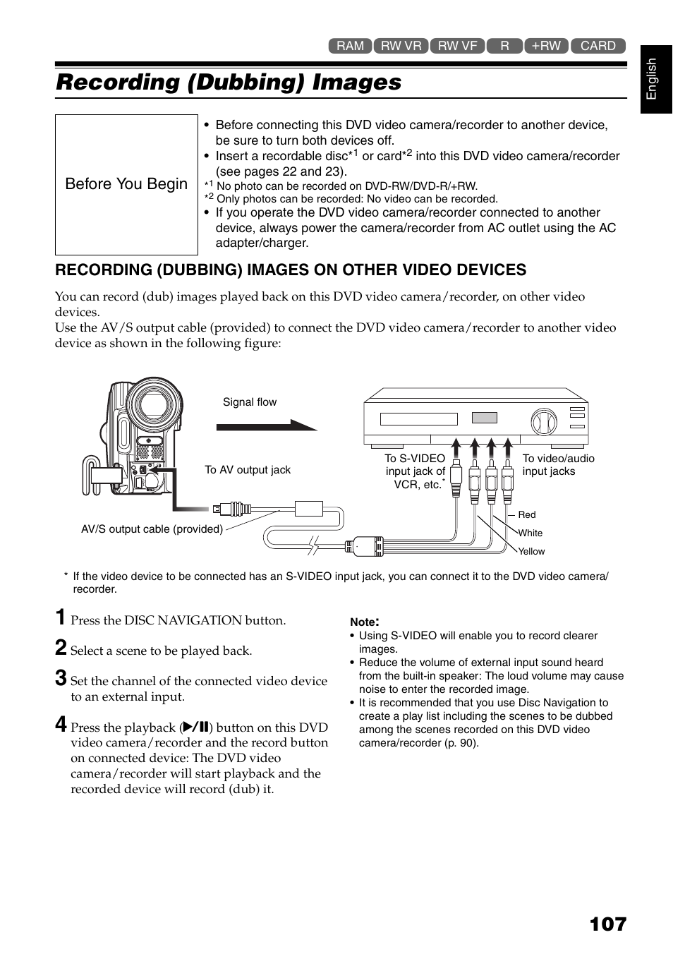 Recording (dubbing) images, Recording (dubbing) images on other video devices, Before you begin | Hitachi DZ-GX5020A User Manual | Page 107 / 158