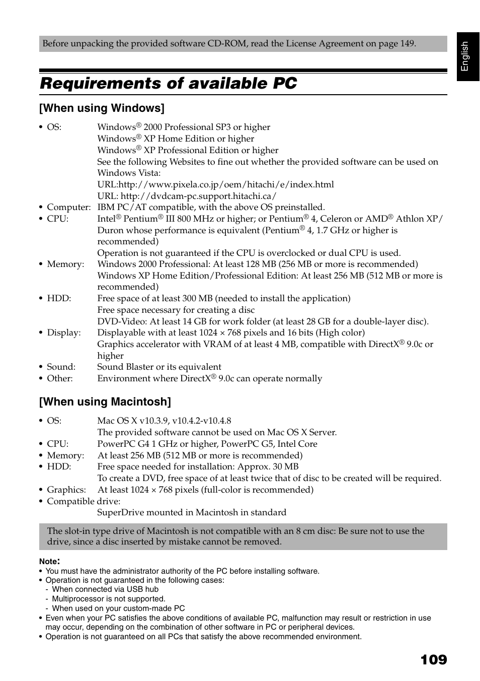 Requirements of available pc, When using windows, When using macintosh | Hitachi DZ-GX5020A User Manual | Page 109 / 158