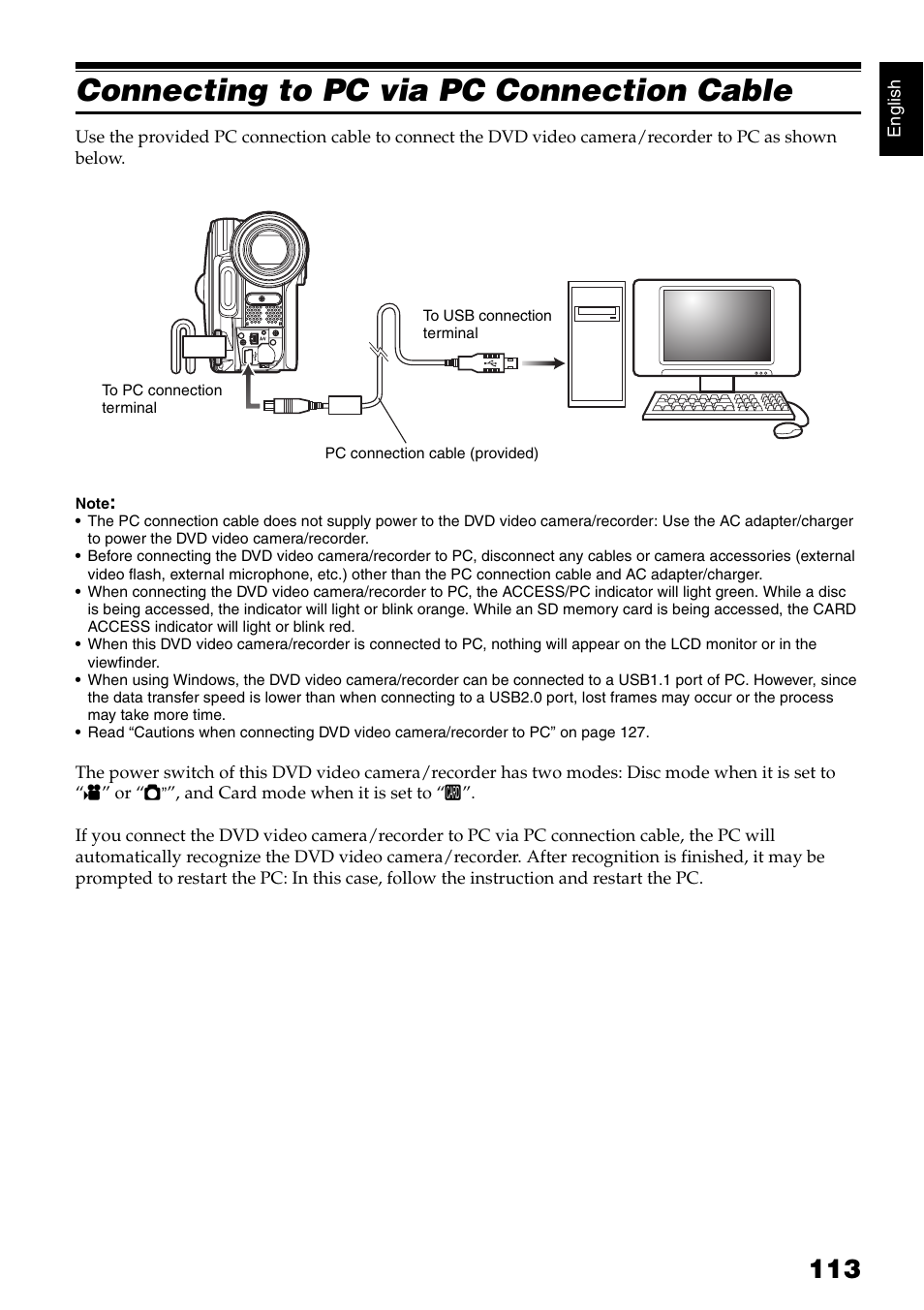 Connecting to pc via pc connection cable | Hitachi DZ-GX5020A User Manual | Page 113 / 158