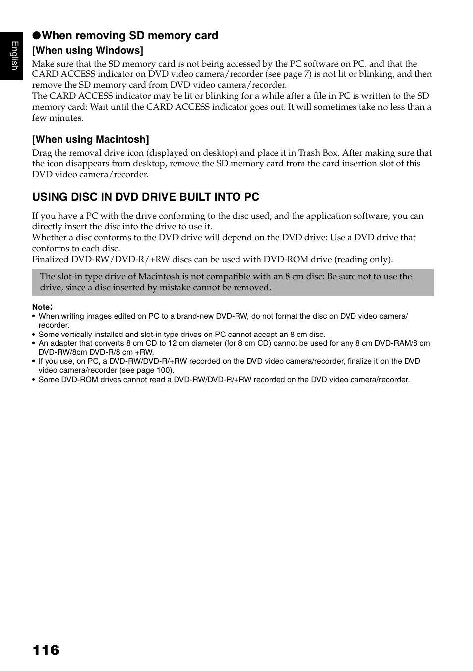 Using disc in dvd drive built into pc | Hitachi DZ-GX5020A User Manual | Page 116 / 158