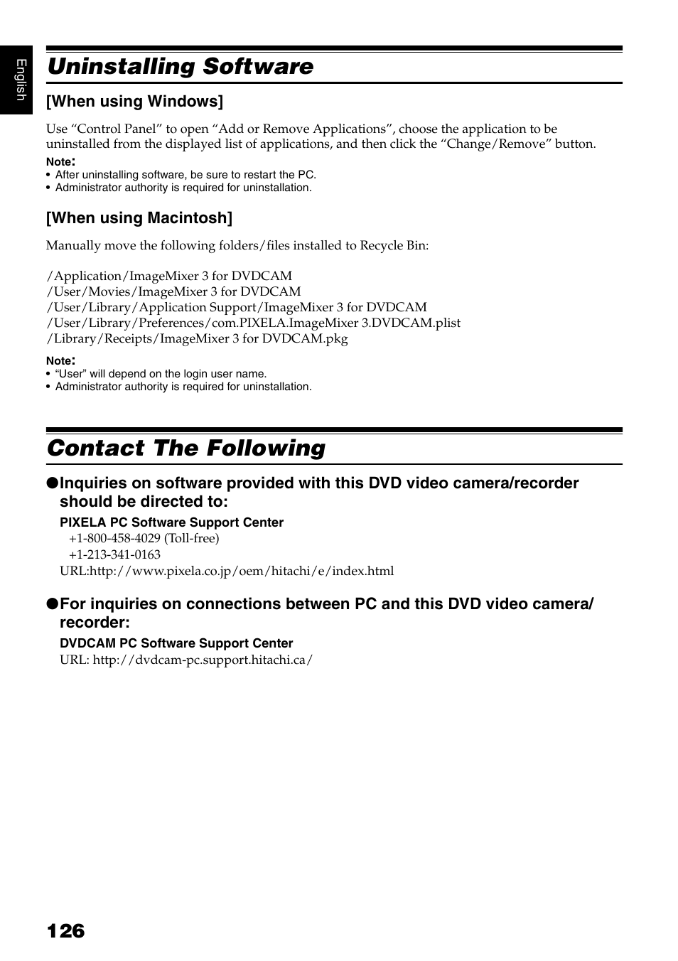 Uninstalling software, Contact the following | Hitachi DZ-GX5020A User Manual | Page 126 / 158