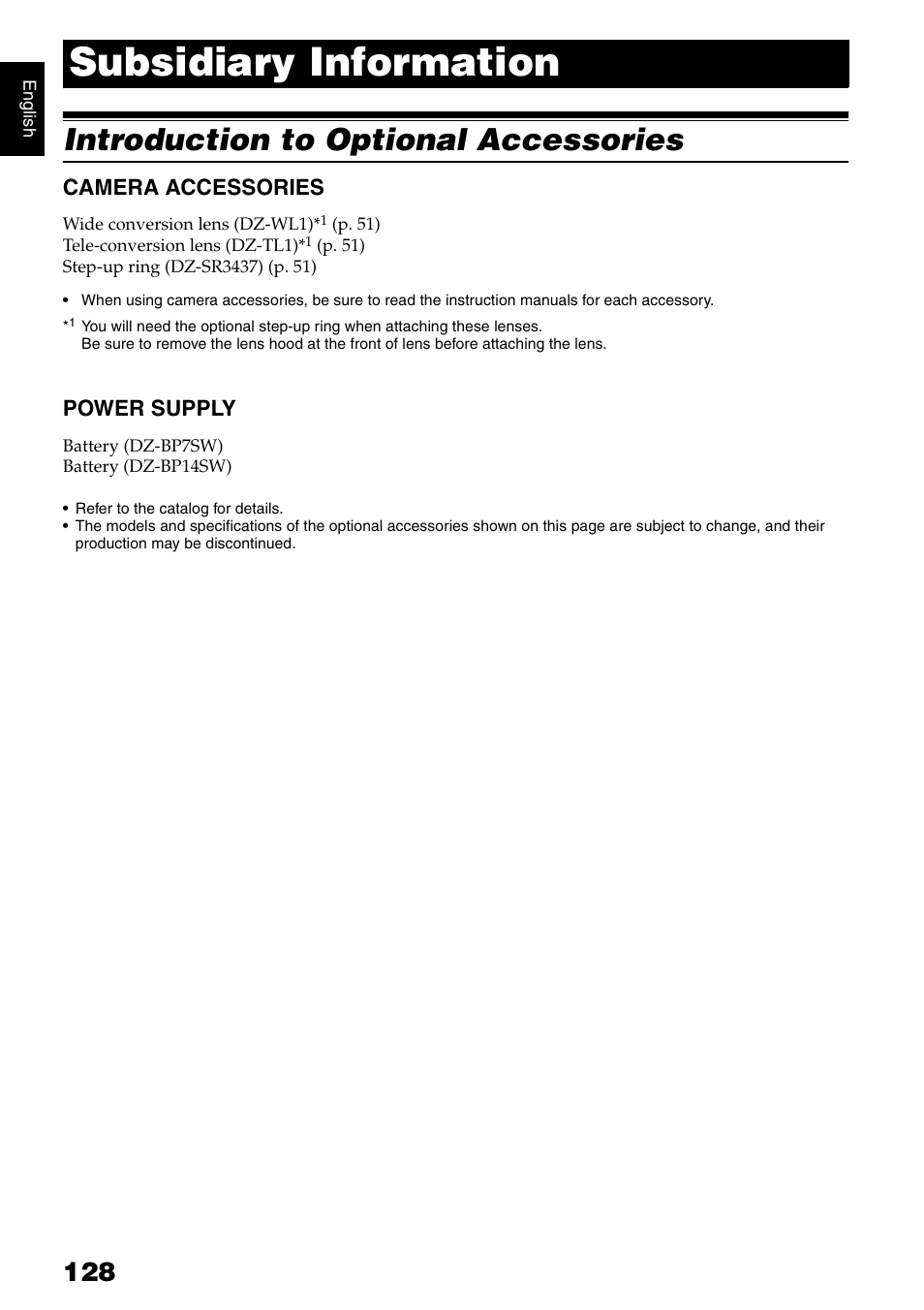 Subsidiary information, Introduction to optional accessories | Hitachi DZ-GX5020A User Manual | Page 128 / 158