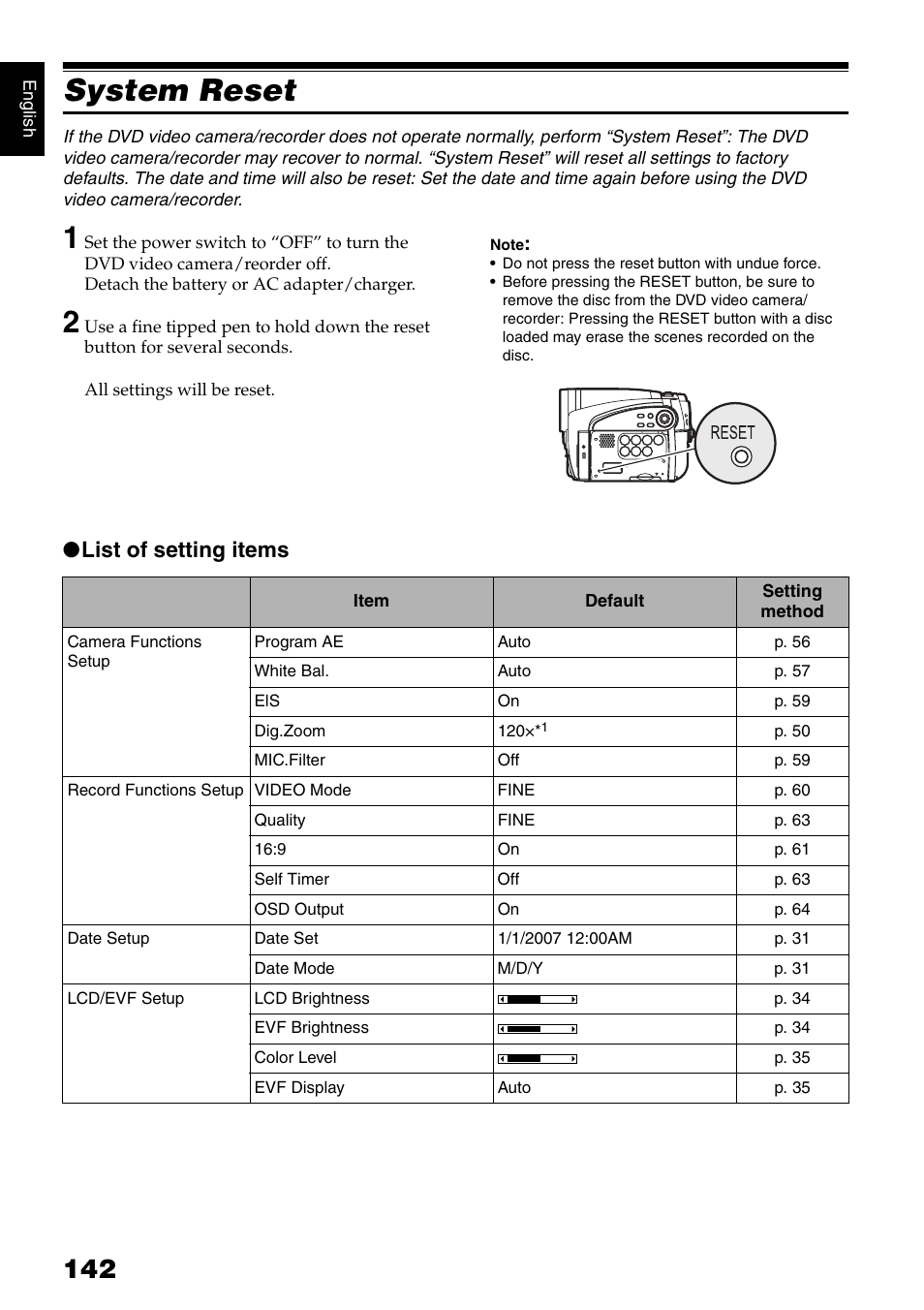 System reset, List of setting items | Hitachi DZ-GX5020A User Manual | Page 142 / 158