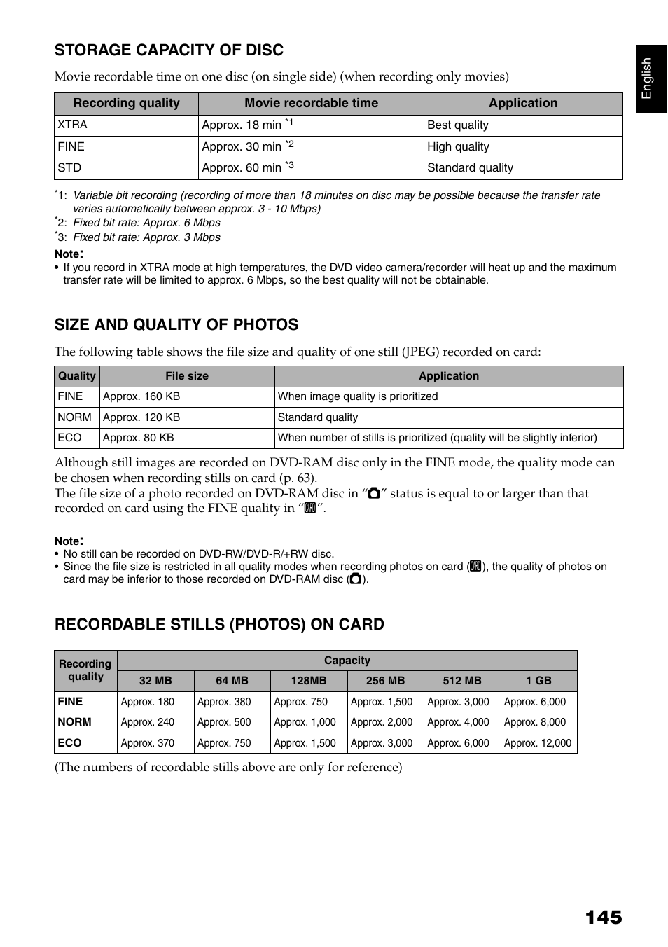 Storage capacity of disc, Size and quality of photos, Recordable stills (photos) on card | Hitachi DZ-GX5020A User Manual | Page 145 / 158