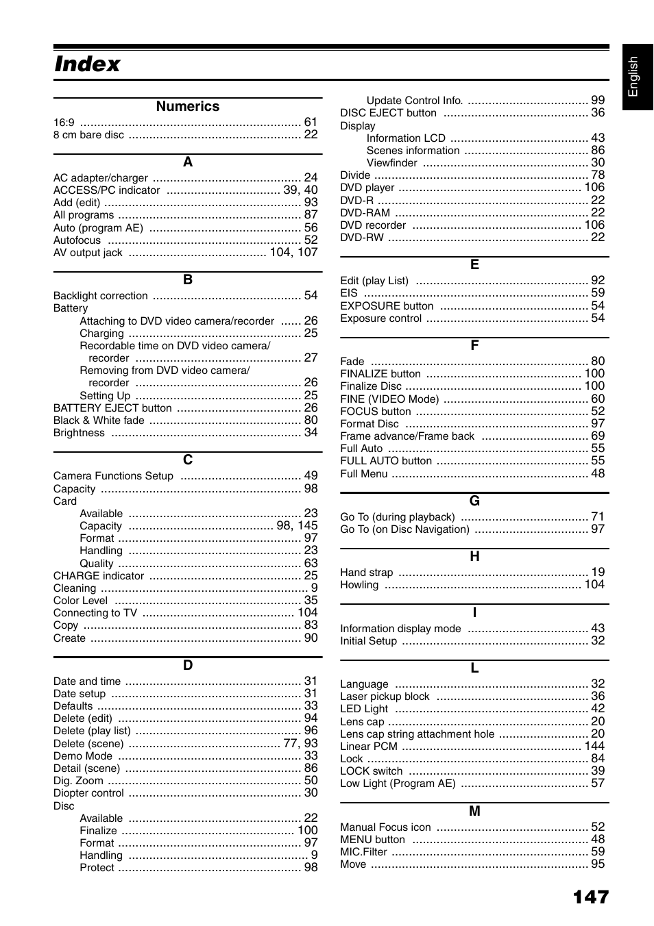 Index | Hitachi DZ-GX5020A User Manual | Page 147 / 158