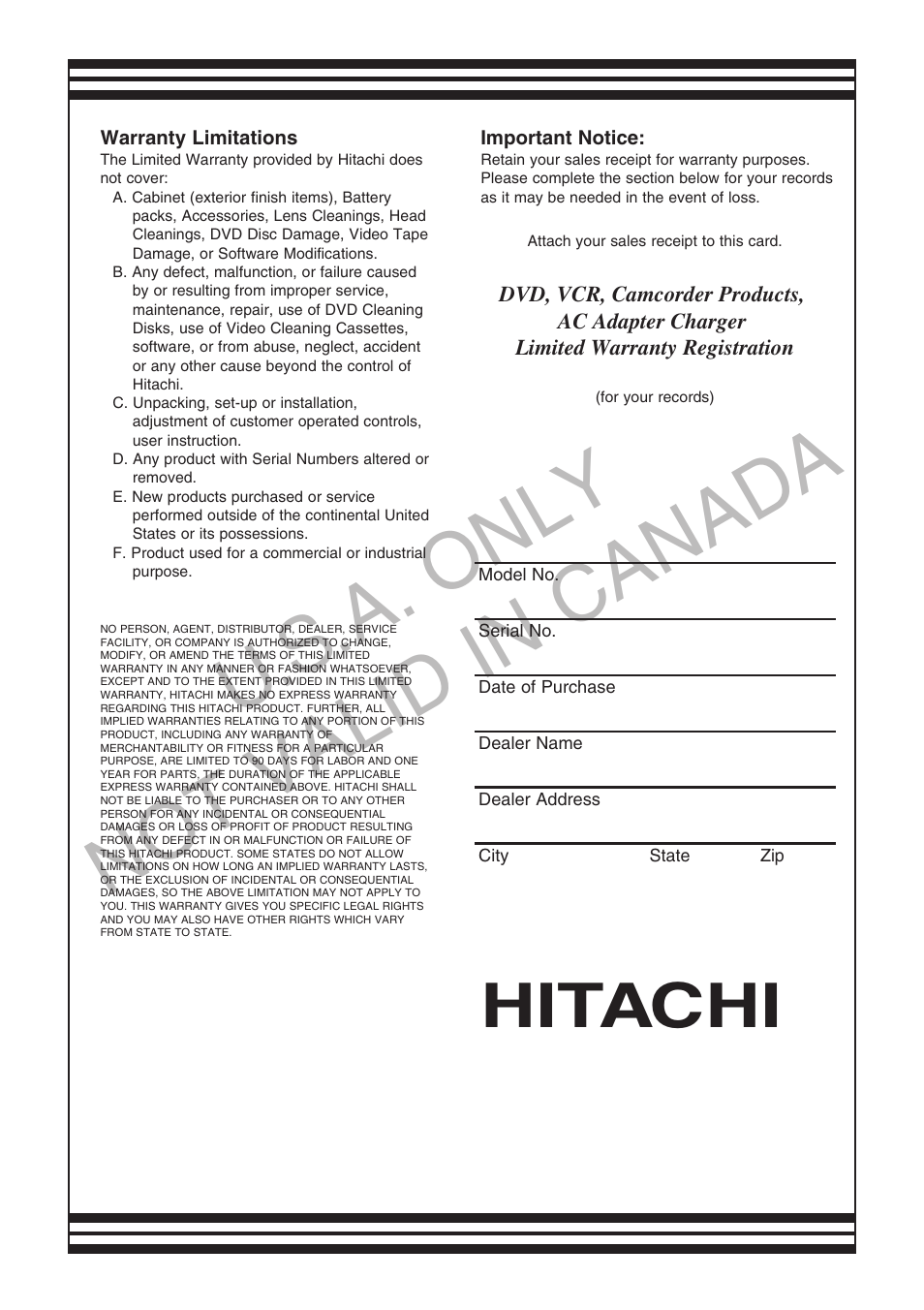 U.s .a. only not valid in canada, Hitachi | Hitachi DZ-GX5020A User Manual | Page 150 / 158