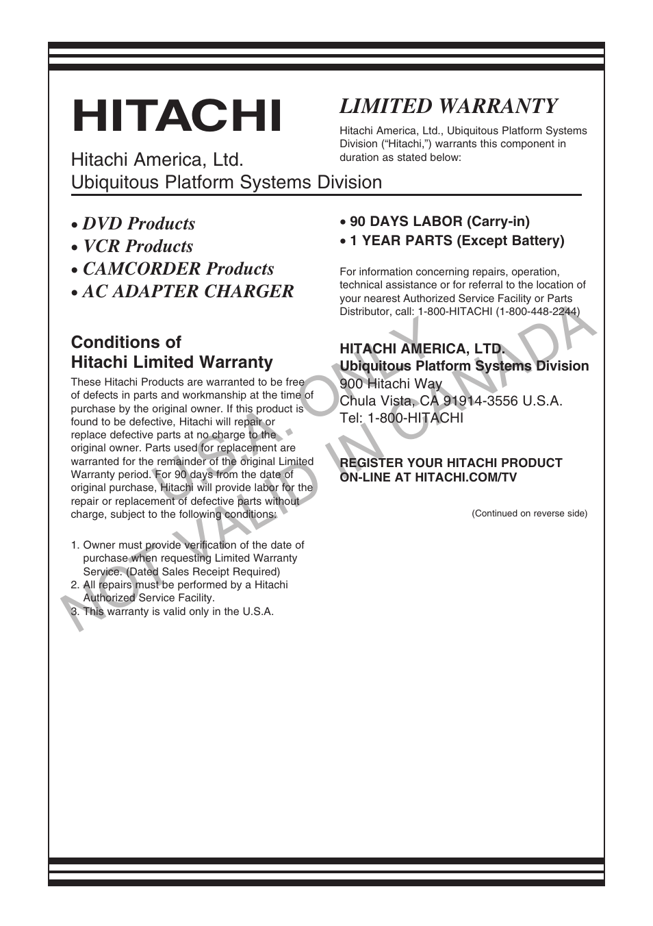 U.s .a. only not valid in canada, Hitachi | Hitachi DZ-GX5020A User Manual | Page 151 / 158
