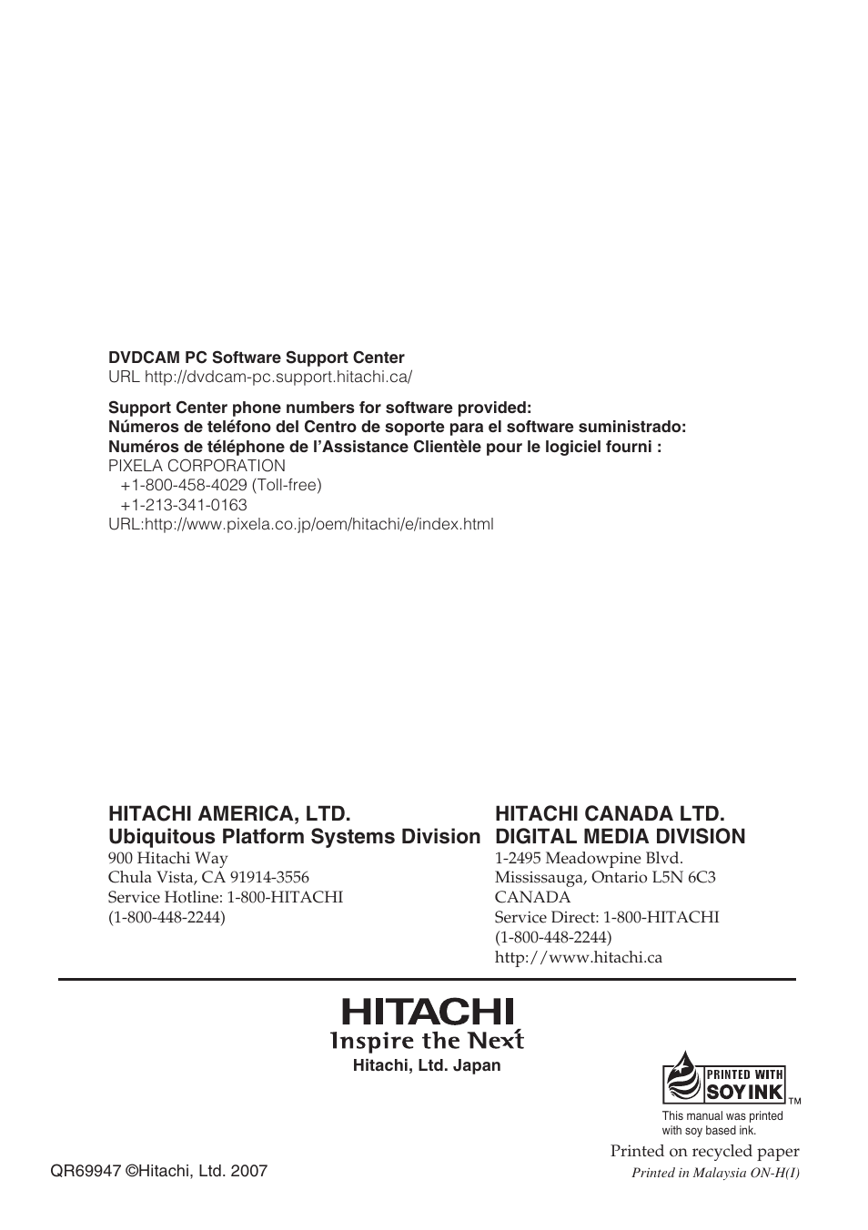 Hitachi canada ltd. digital media division | Hitachi DZ-GX5020A User Manual | Page 158 / 158