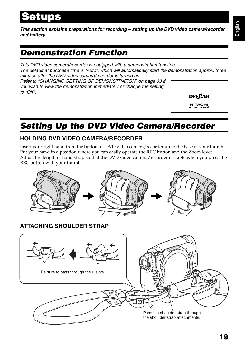 Setups, Demonstration function, Setting up the dvd video camera/recorder | Hitachi DZ-GX5020A User Manual | Page 19 / 158