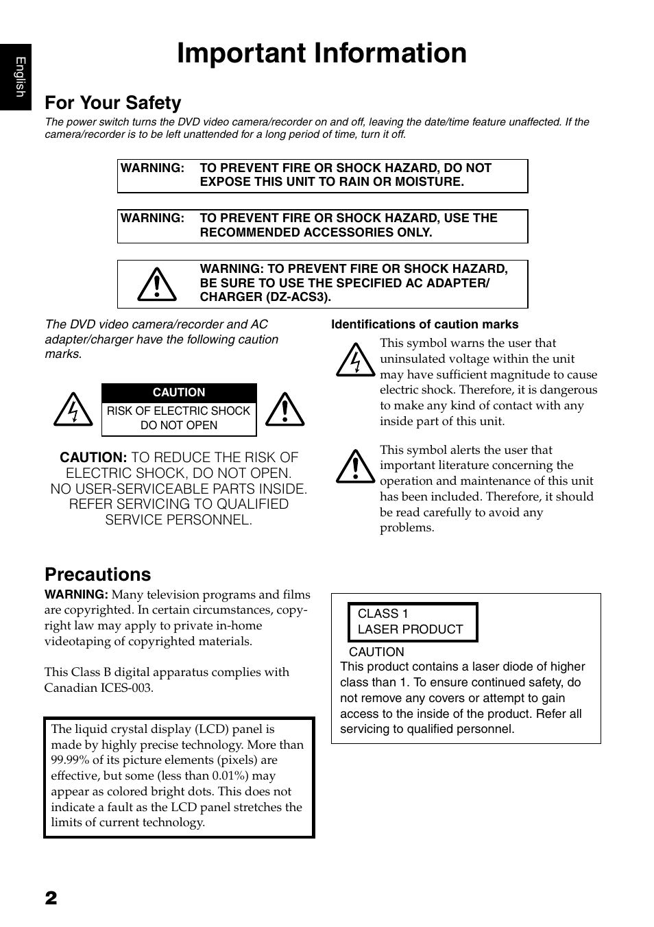 Important information, For your safety, Precautions | Hitachi DZ-GX5020A User Manual | Page 2 / 158