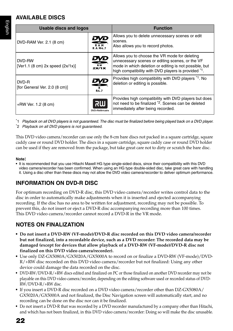 Available discs, Information on dvd-r disc | Hitachi DZ-GX5020A User Manual | Page 22 / 158