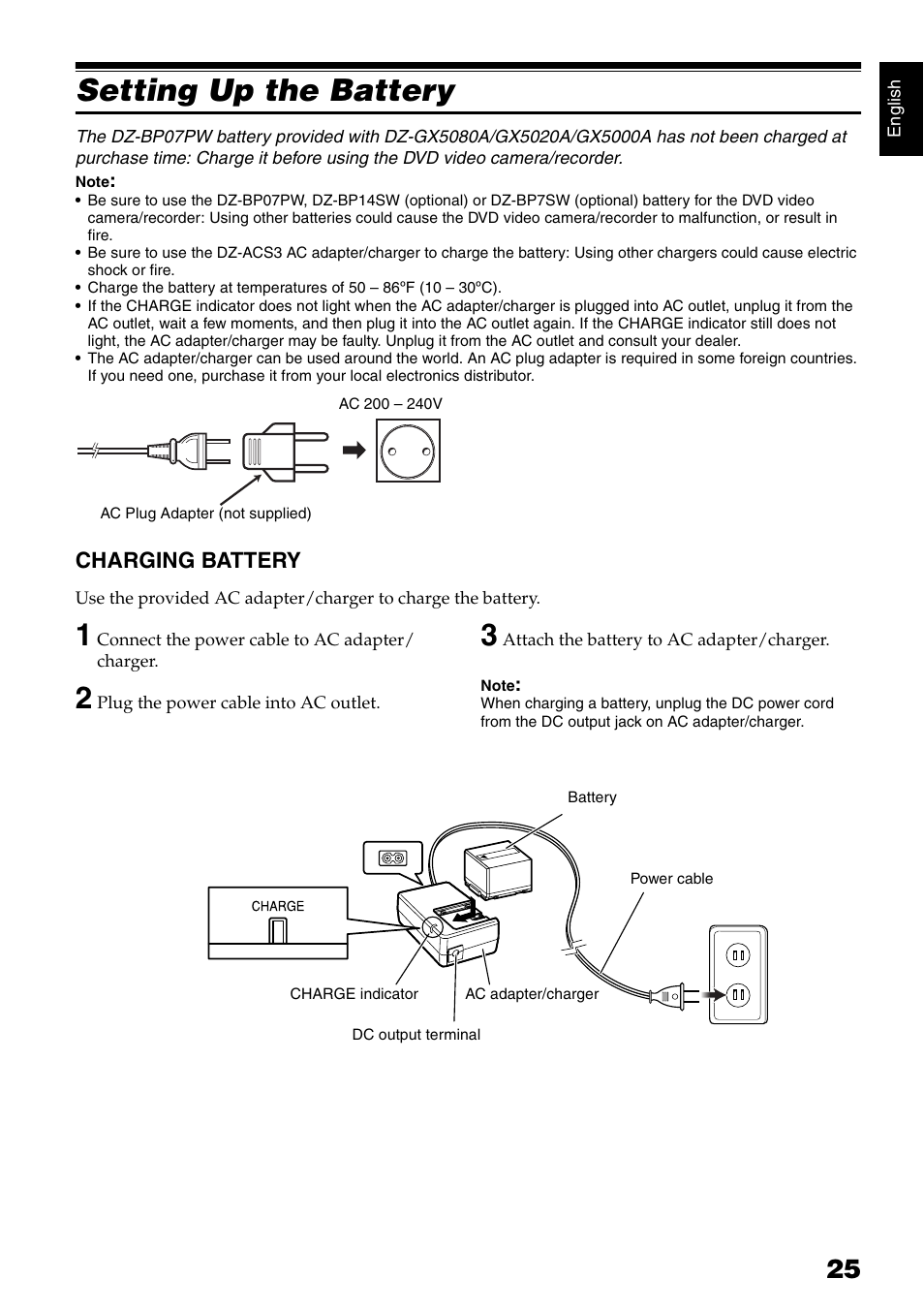 Setting up the battery, Charging battery | Hitachi DZ-GX5020A User Manual | Page 25 / 158
