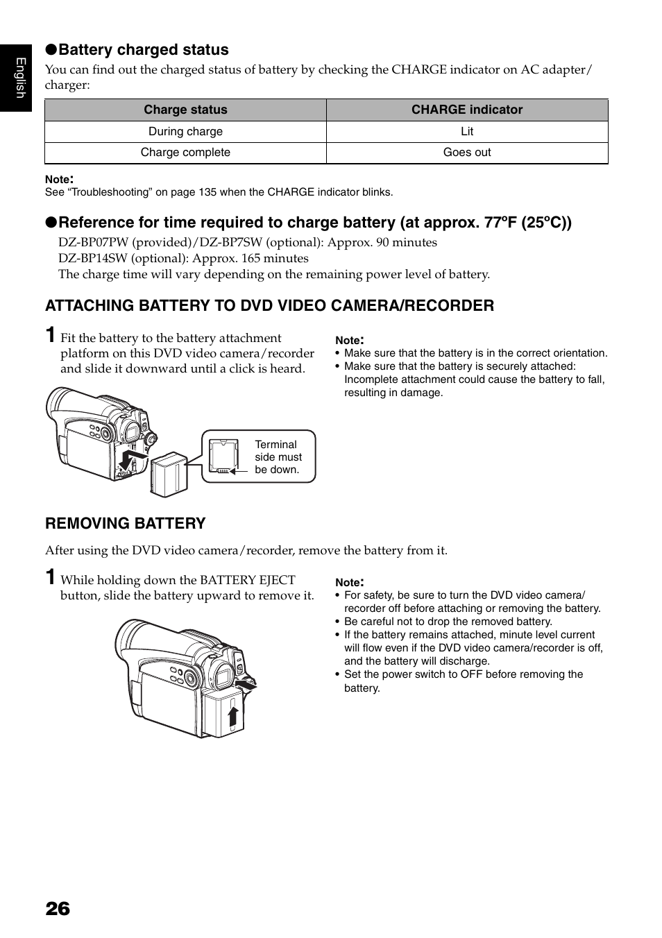 Battery charged status, Attaching battery to dvd video camera/recorder, Removing battery | Hitachi DZ-GX5020A User Manual | Page 26 / 158