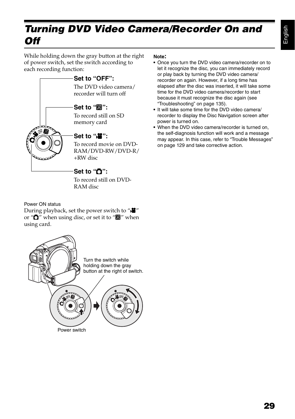 Turning dvd video camera/recorder on and off | Hitachi DZ-GX5020A User Manual | Page 29 / 158