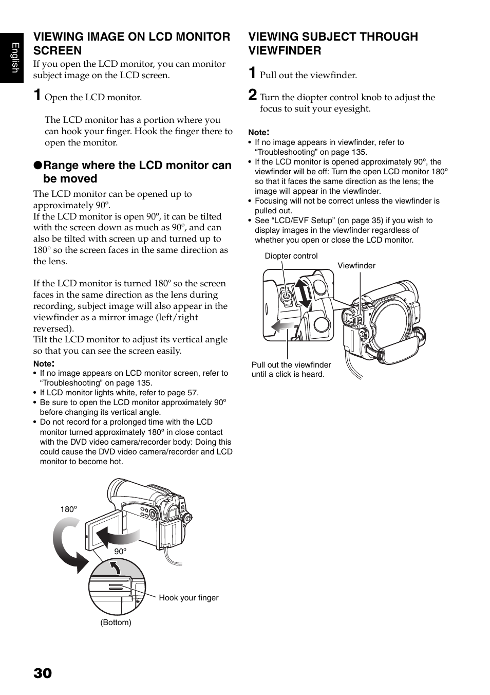 Viewing image on lcd monitor screen, Range where the lcd monitor can be moved, Viewing subject through viewfinder | Hitachi DZ-GX5020A User Manual | Page 30 / 158