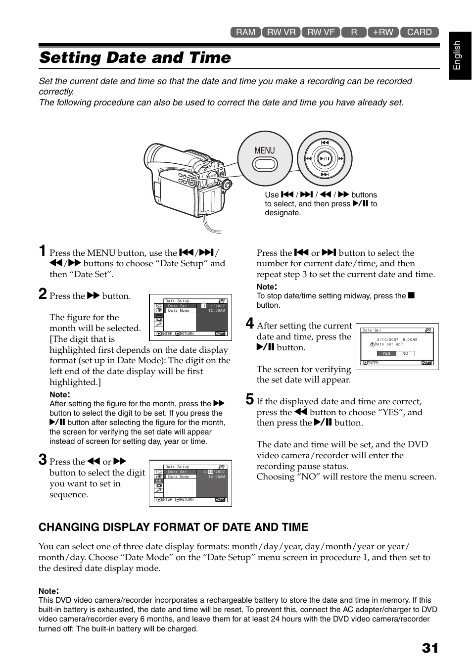 Setting date and time, Changing display format of date and time | Hitachi DZ-GX5020A User Manual | Page 31 / 158