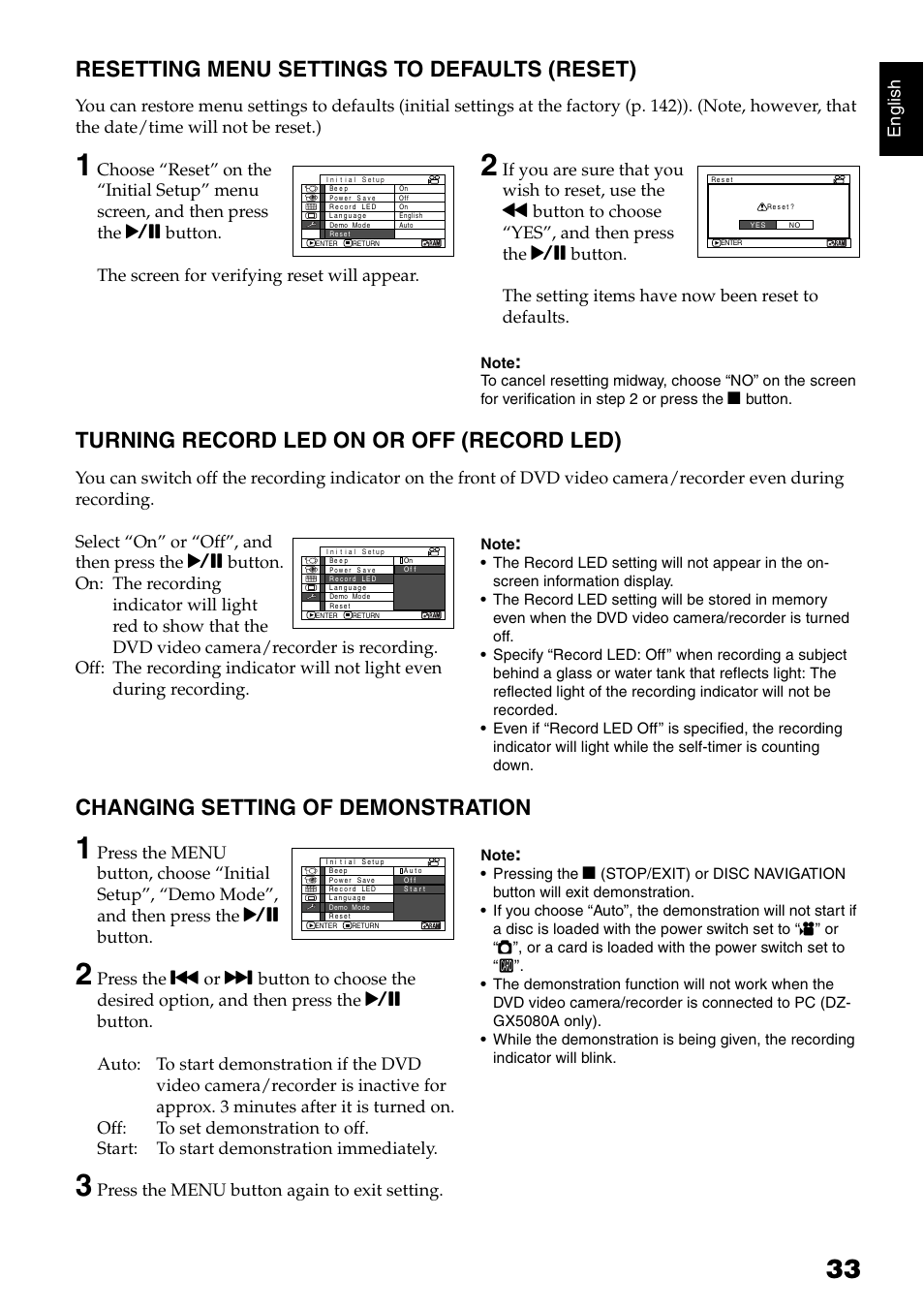 Resetting menu settings to defaults (reset), Turning record led on or off (record led), Changing setting of demonstration | English, Press the menu button again to exit setting | Hitachi DZ-GX5020A User Manual | Page 33 / 158