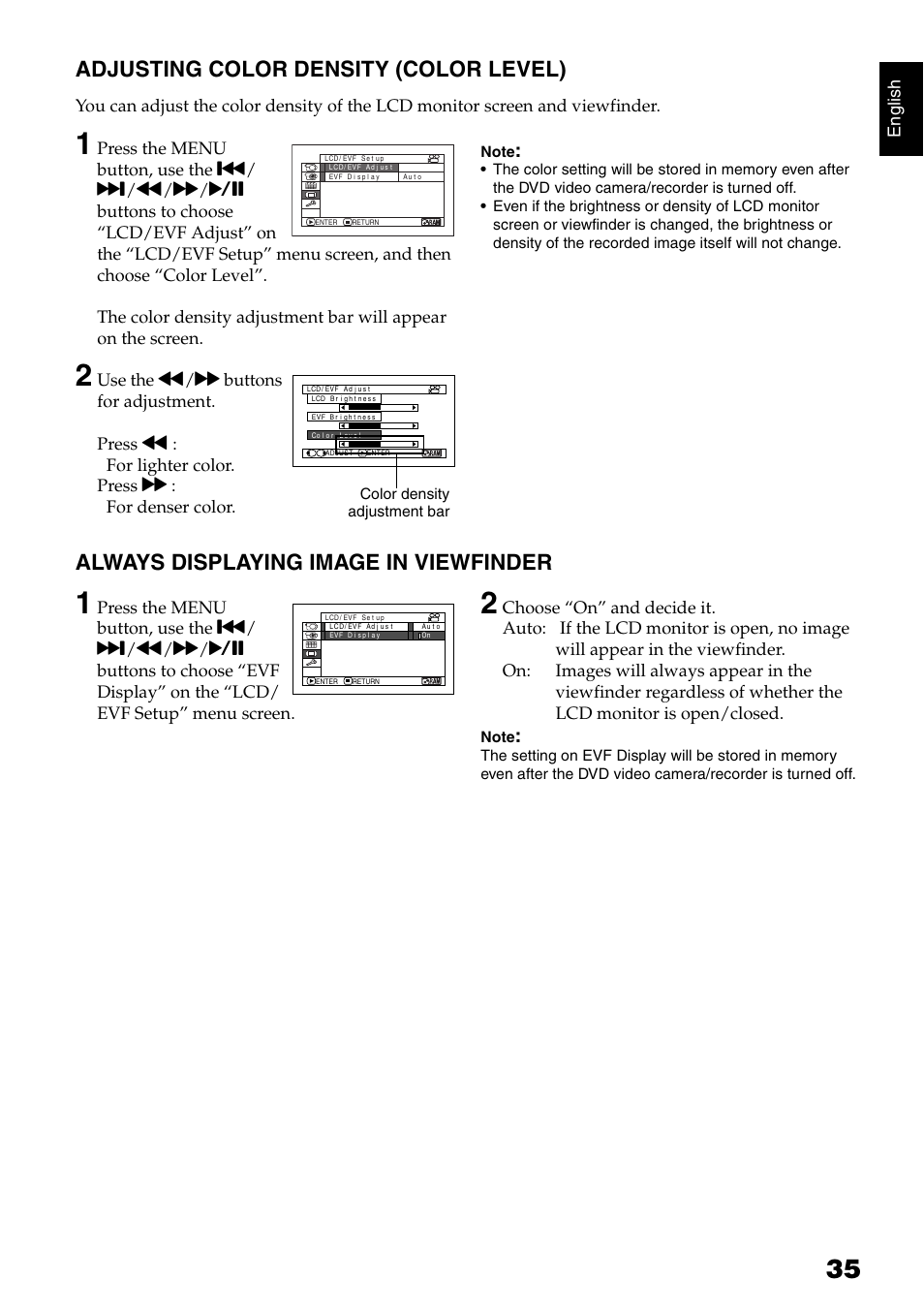 Adjusting color density (color level), Always displaying image in viewfinder | Hitachi DZ-GX5020A User Manual | Page 35 / 158