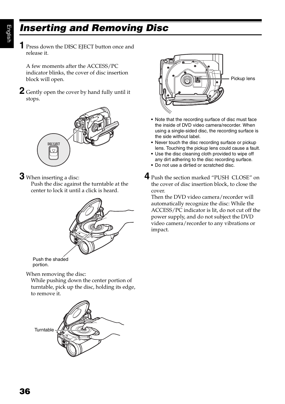 Inserting and removing disc 1 | Hitachi DZ-GX5020A User Manual | Page 36 / 158