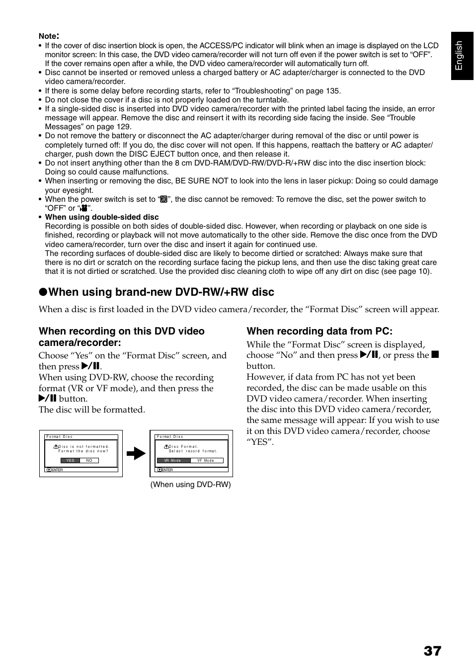 When using brand-new dvd-rw/+rw disc, When recording on this dvd video camera/recorder, When recording data from pc | English | Hitachi DZ-GX5020A User Manual | Page 37 / 158