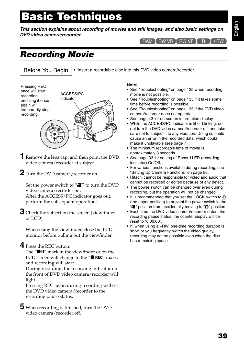 Basic techniques, Recording movie 1 | Hitachi DZ-GX5020A User Manual | Page 39 / 158