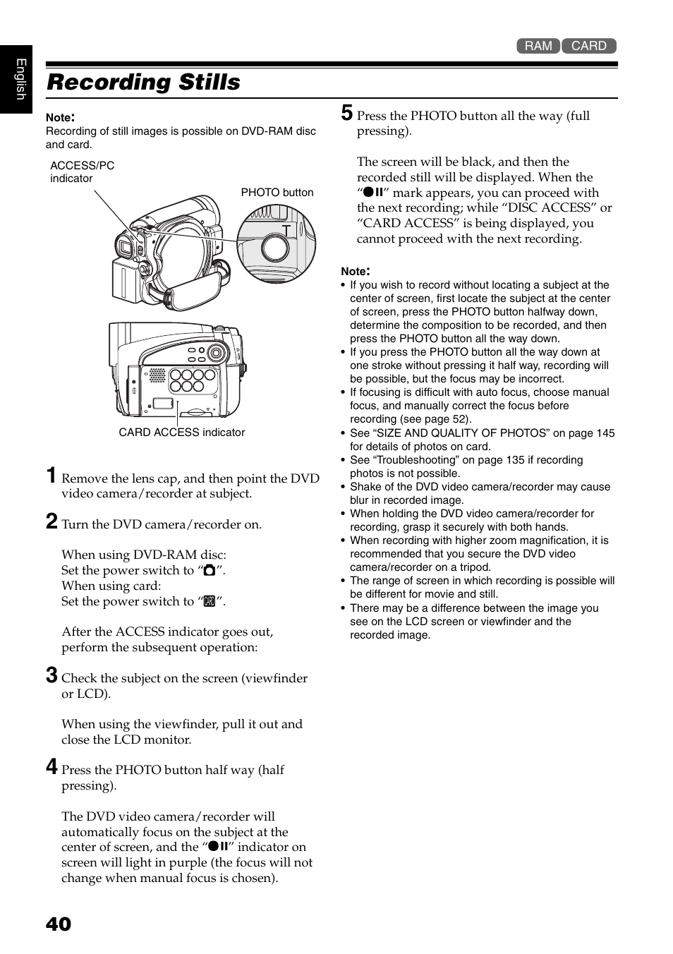 Recording stills | Hitachi DZ-GX5020A User Manual | Page 40 / 158