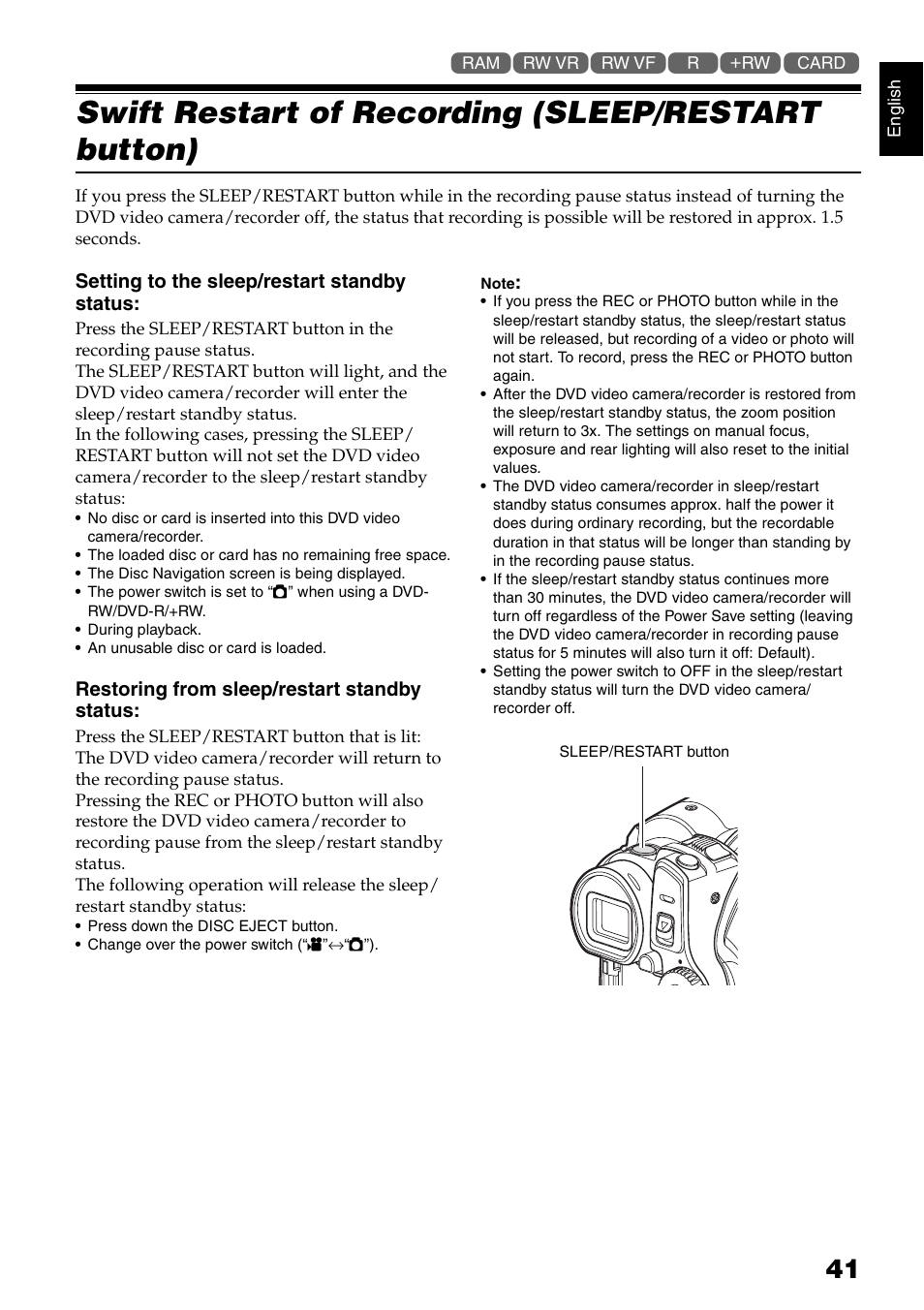 Swift restart of recording (sleep/restart button) | Hitachi DZ-GX5020A User Manual | Page 41 / 158