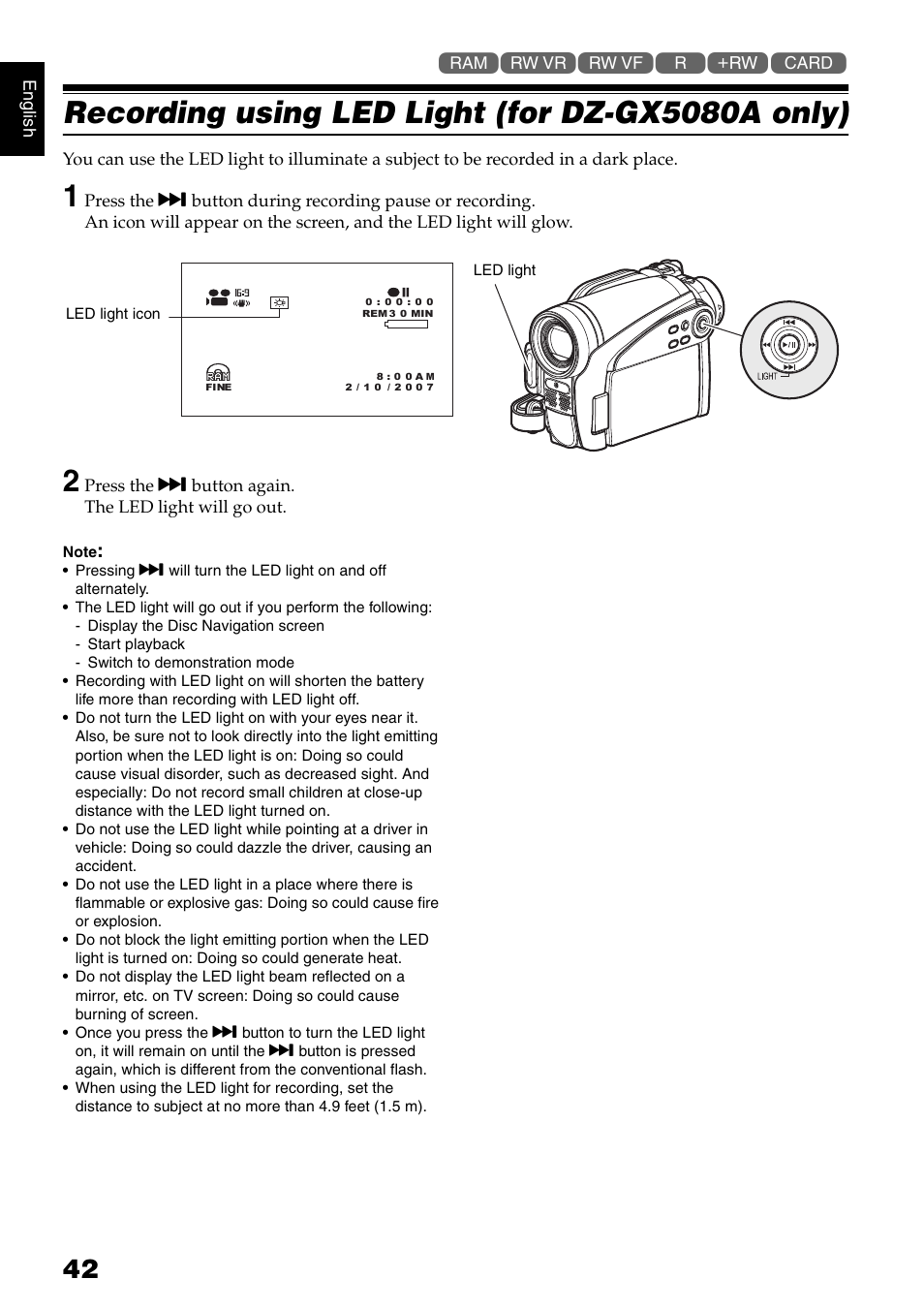 Recording using led light (for dz-gx5080a only) | Hitachi DZ-GX5020A User Manual | Page 42 / 158