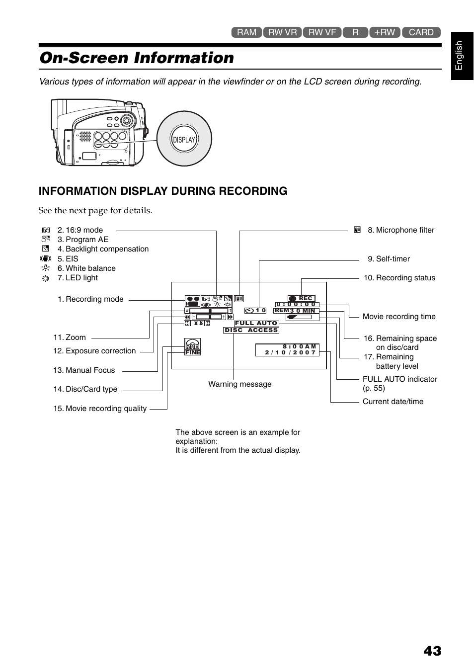 On-screen information, Information display during recording | Hitachi DZ-GX5020A User Manual | Page 43 / 158