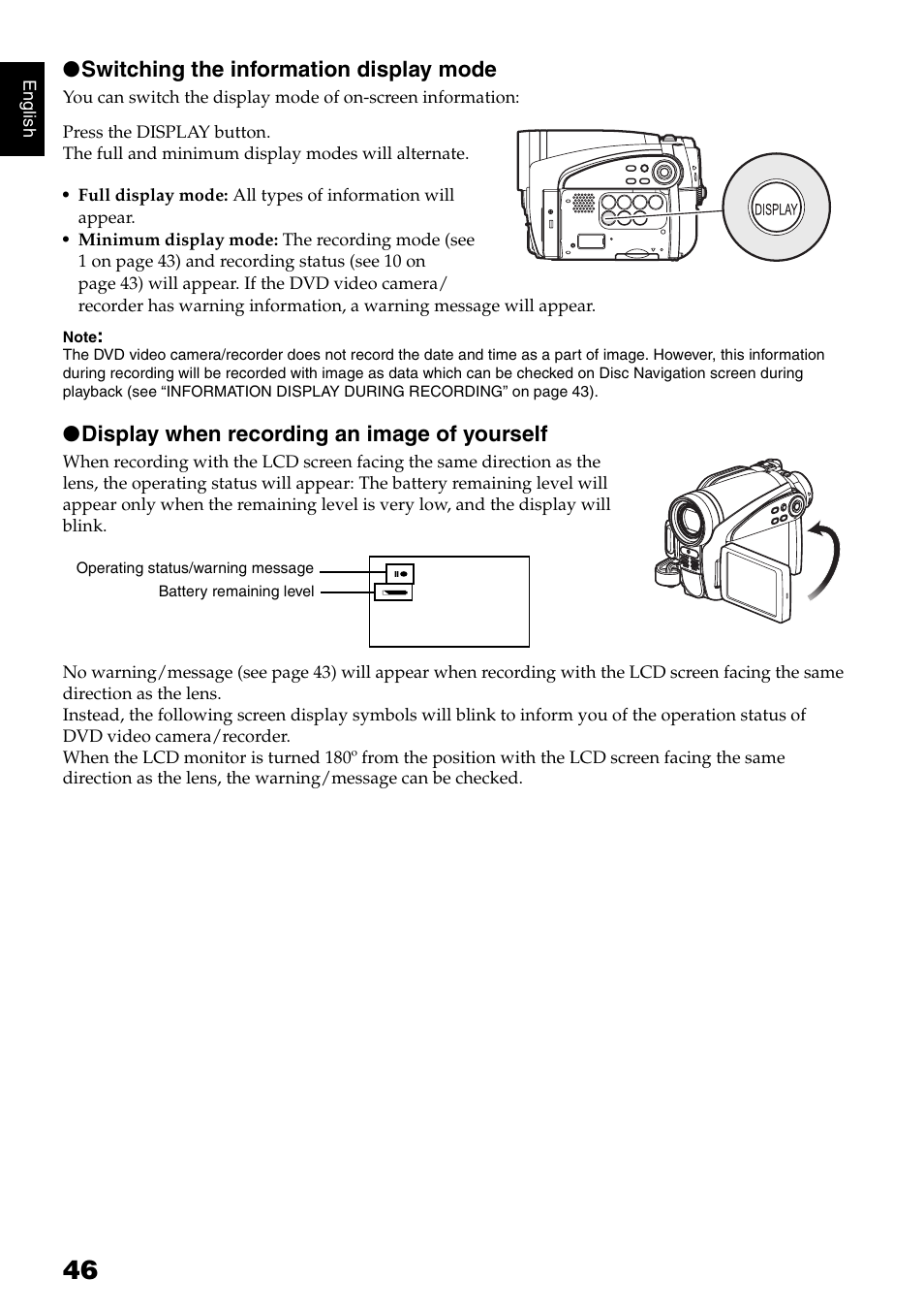 Switching the information display mode, Display when recording an image of yourself | Hitachi DZ-GX5020A User Manual | Page 46 / 158