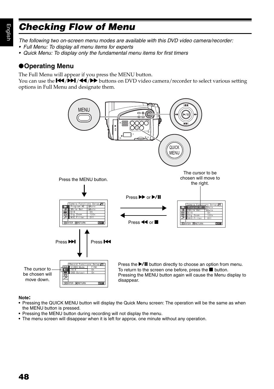 Checking flow of menu, Operating menu, English | Hitachi DZ-GX5020A User Manual | Page 48 / 158