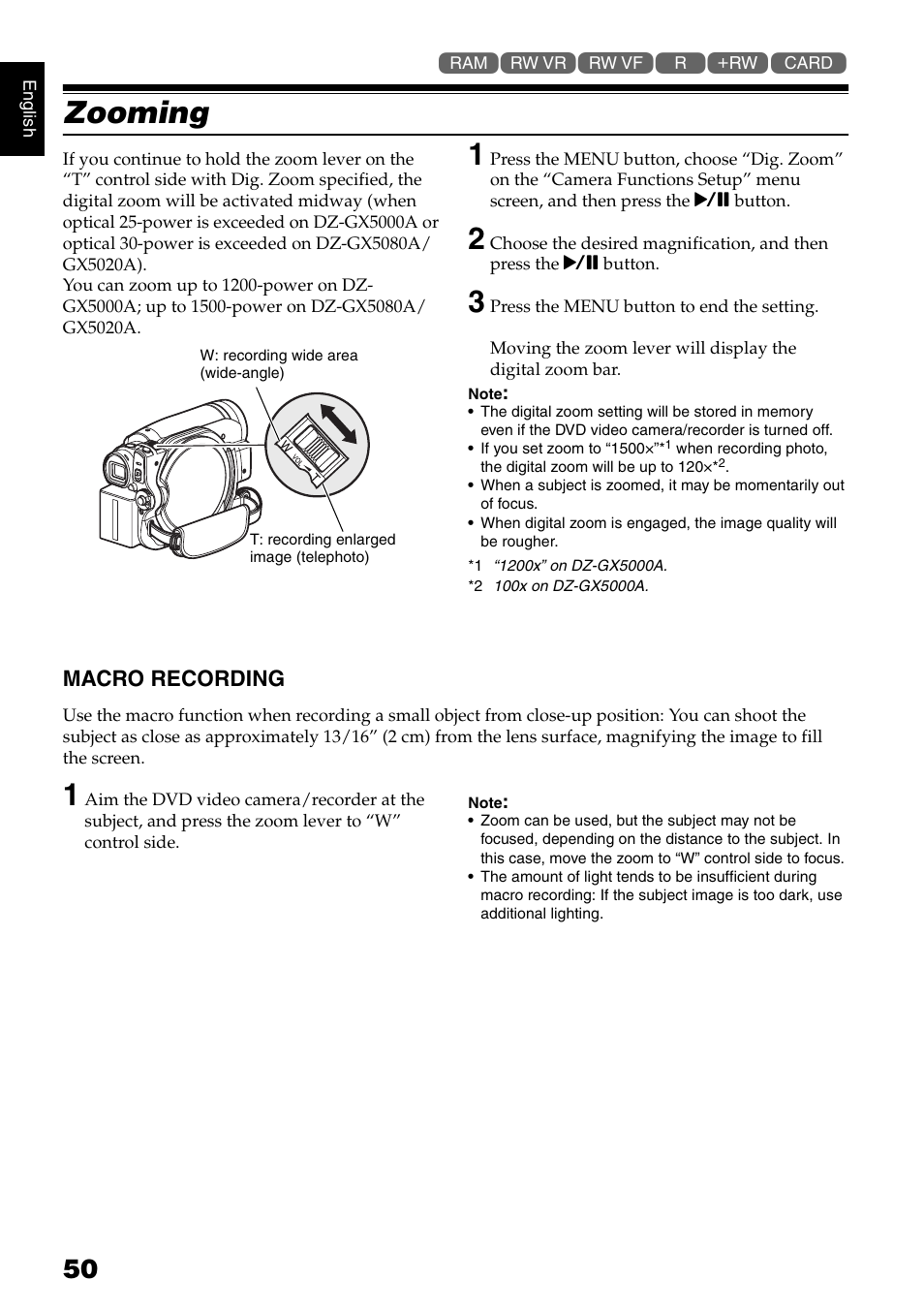 Zooming | Hitachi DZ-GX5020A User Manual | Page 50 / 158
