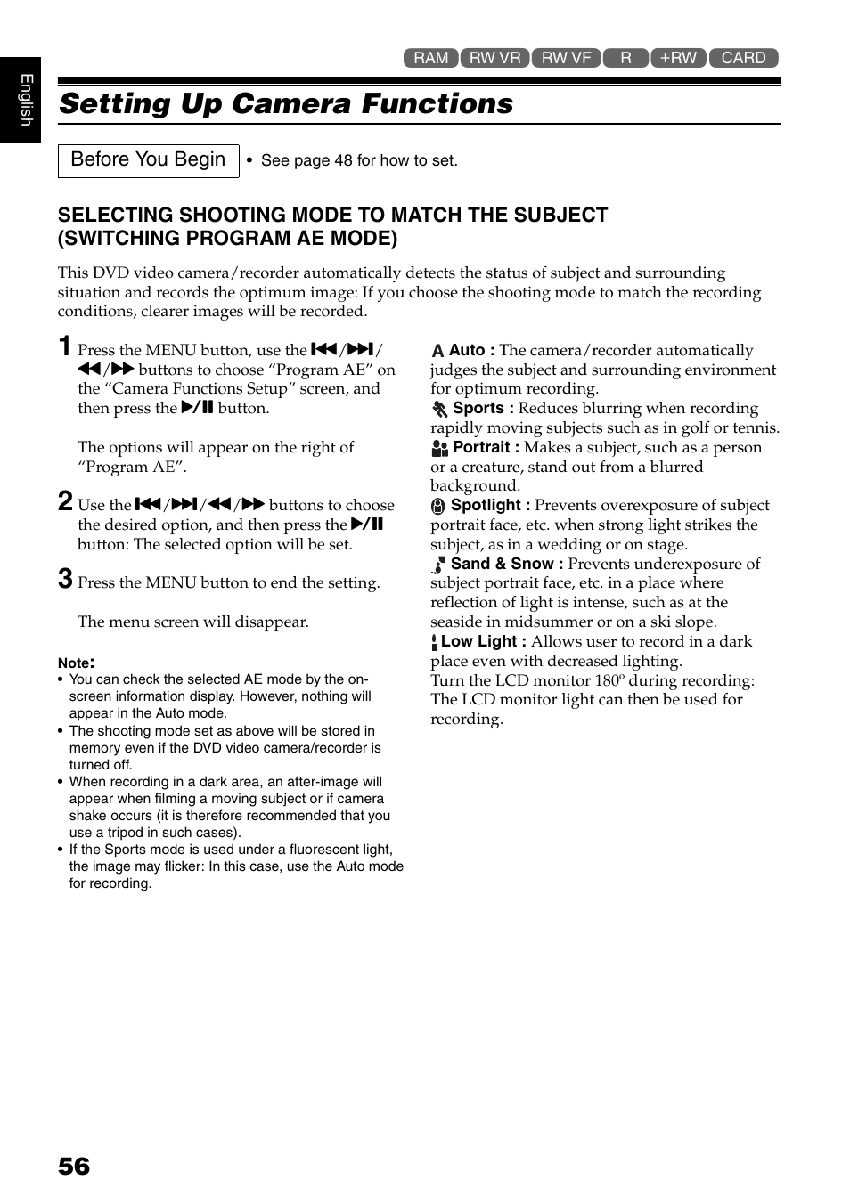 Setting up camera functions | Hitachi DZ-GX5020A User Manual | Page 56 / 158