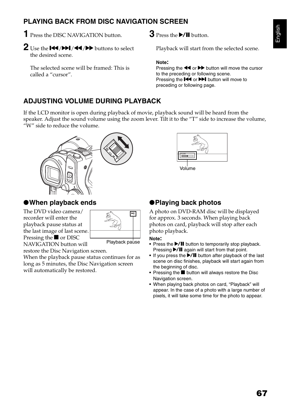 Playing back from disc navigation screen, Adjusting volume during playback, When playback ends | Playing back photos | Hitachi DZ-GX5020A User Manual | Page 67 / 158