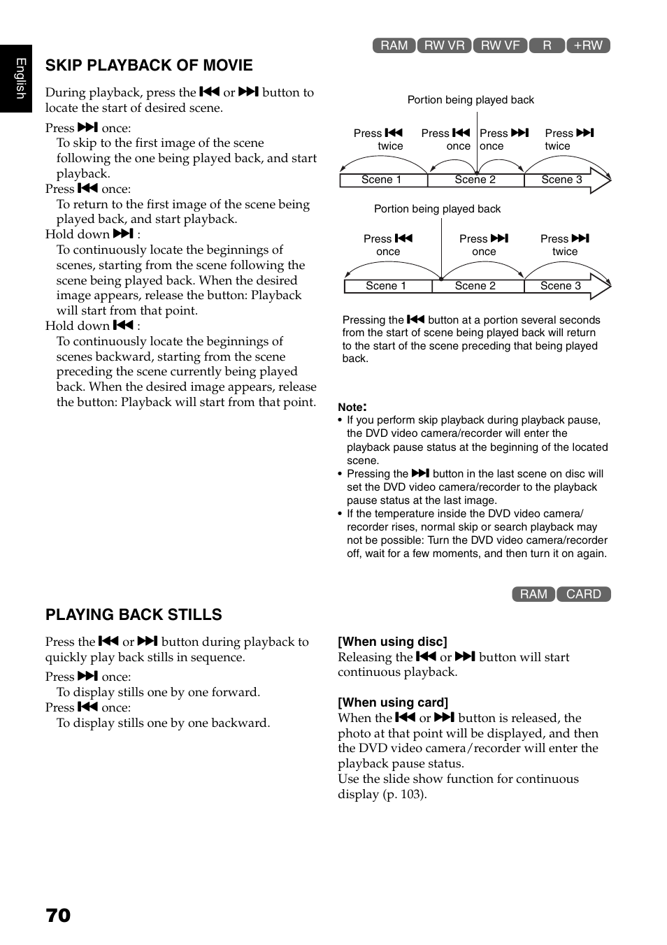 Skip playback of movie, Playing back stills | Hitachi DZ-GX5020A User Manual | Page 70 / 158