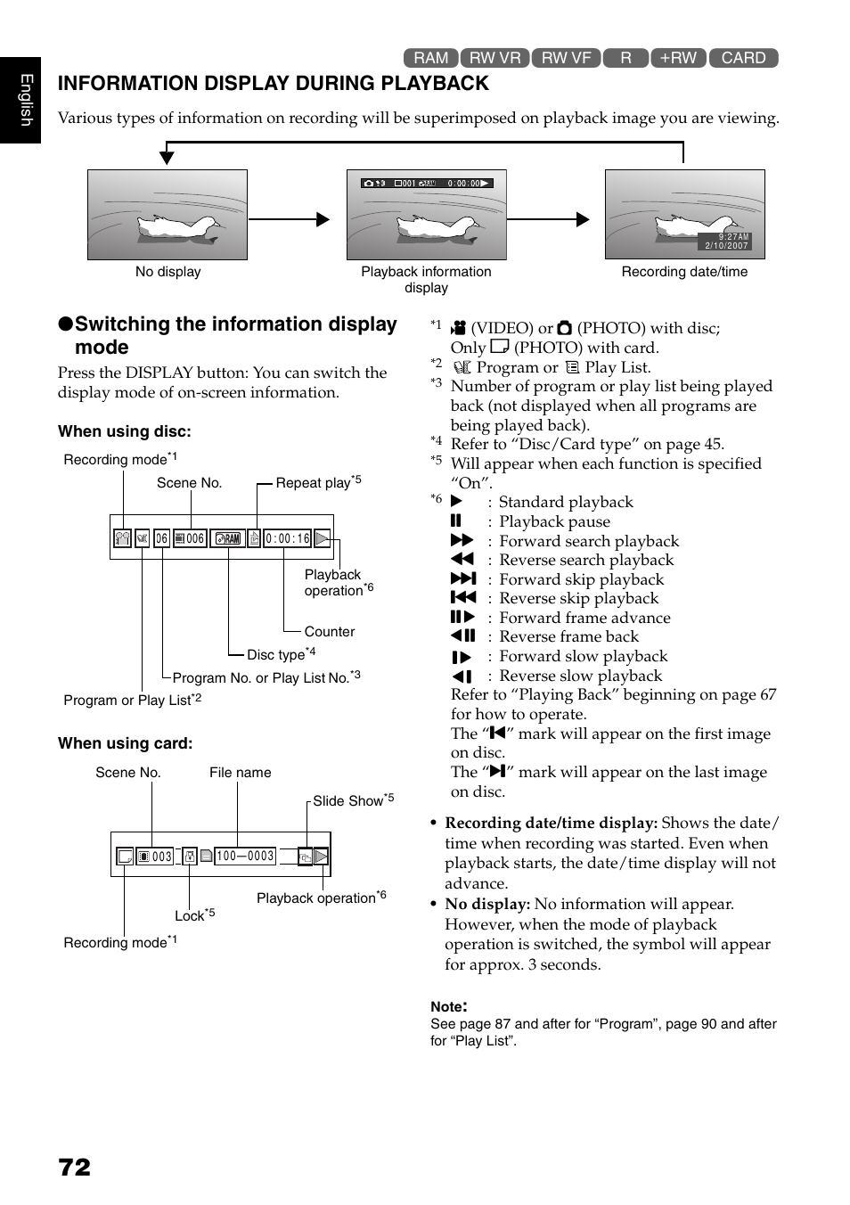 Information display during playback, Switching the information display mode | Hitachi DZ-GX5020A User Manual | Page 72 / 158