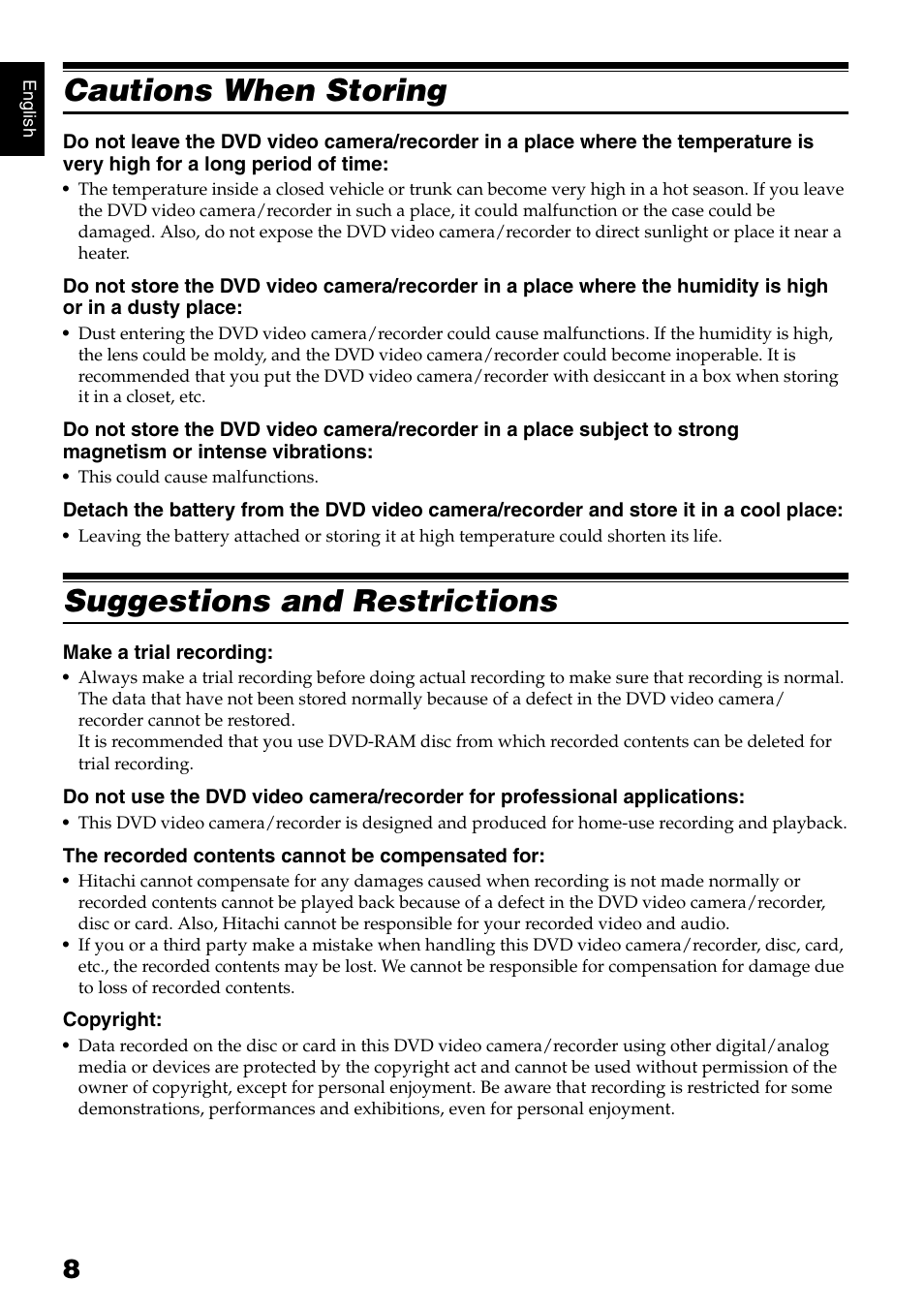 Cautions when storing, Suggestions and restrictions | Hitachi DZ-GX5020A User Manual | Page 8 / 158