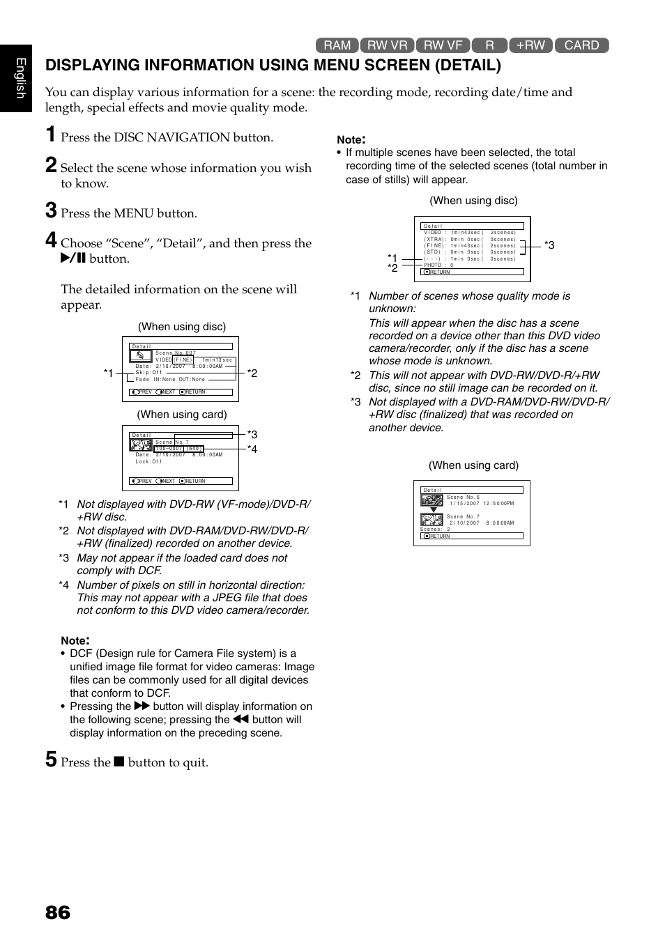 Displaying information using menu screen (detail), English, Press the disc navigation button | Press the menu button, Press the c button to quit | Hitachi DZ-GX5020A User Manual | Page 86 / 158