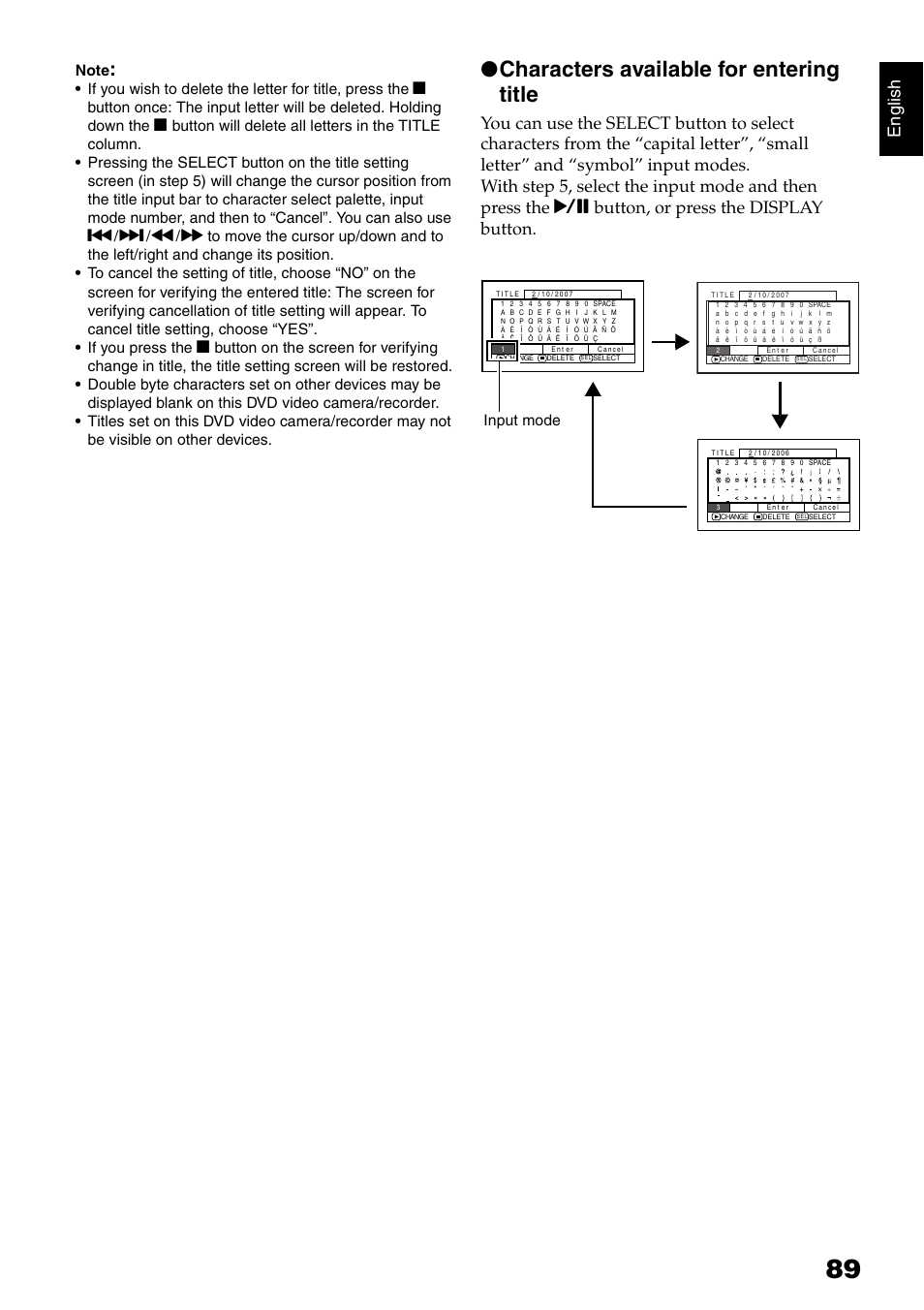 Characters available for entering title, English, Input mode | Hitachi DZ-GX5020A User Manual | Page 89 / 158