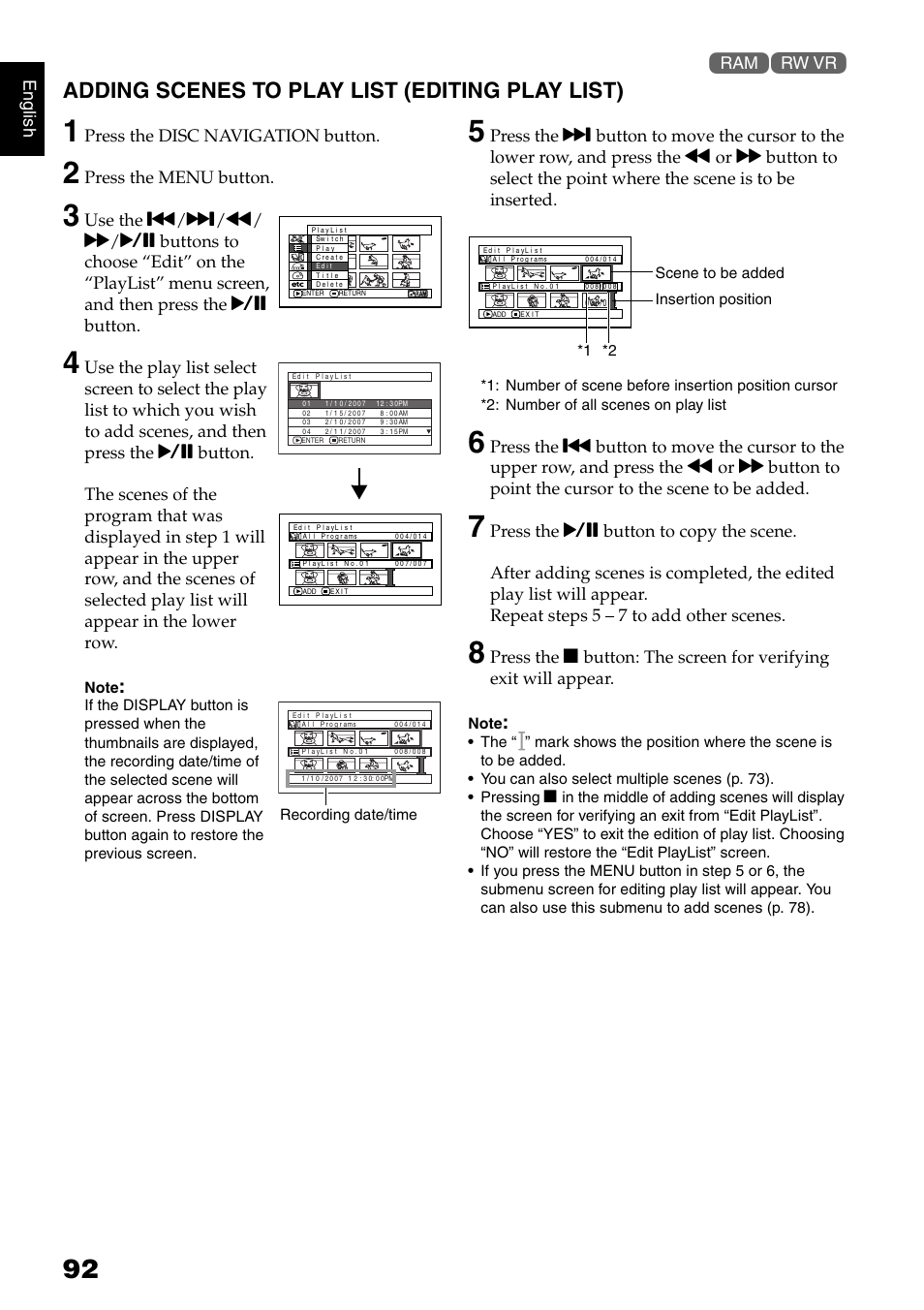 Adding scenes to play list (editing play list), English, Press the disc navigation button | Press the menu button | Hitachi DZ-GX5020A User Manual | Page 92 / 158