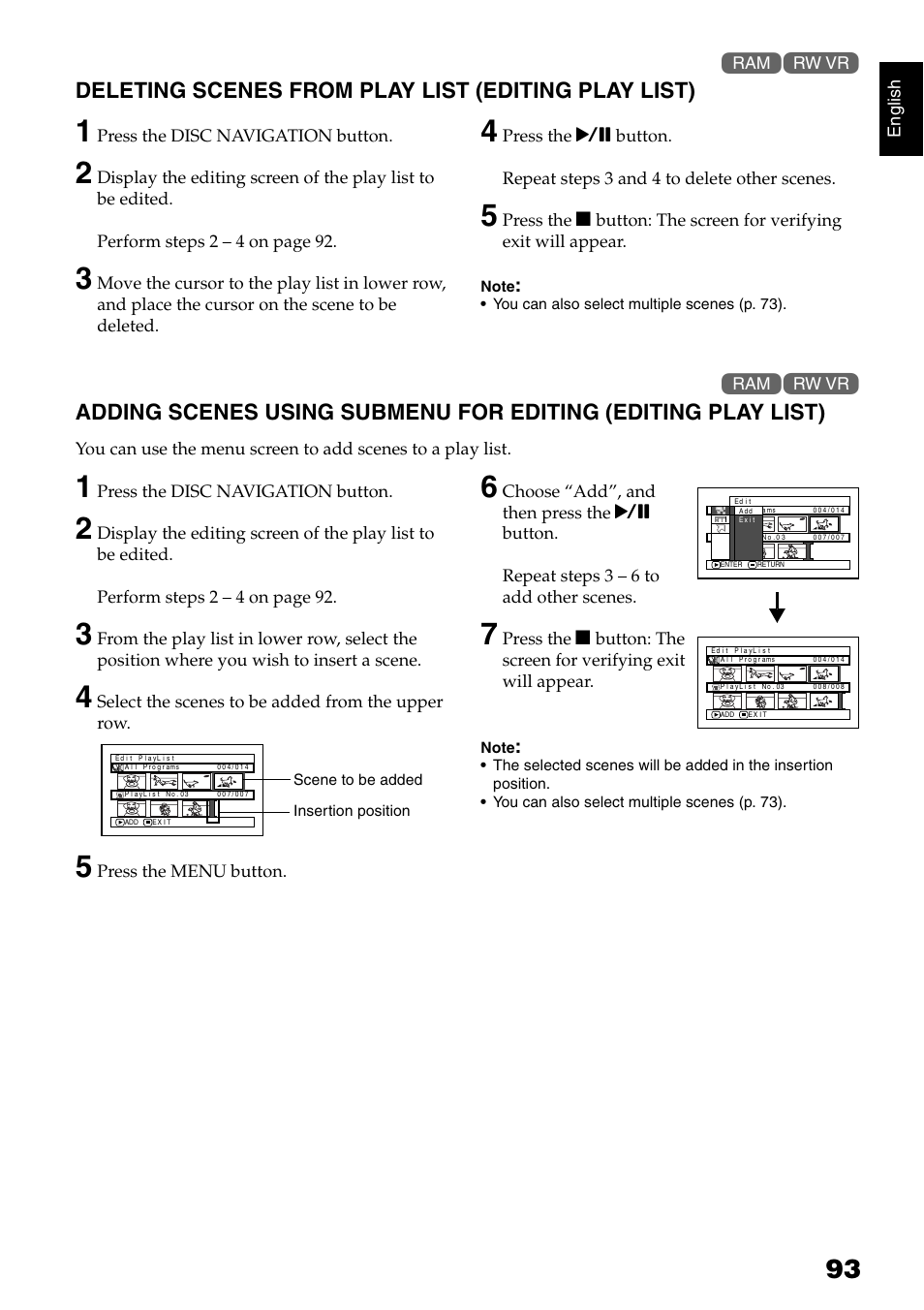 Deleting scenes from play list (editing play list) | Hitachi DZ-GX5020A User Manual | Page 93 / 158